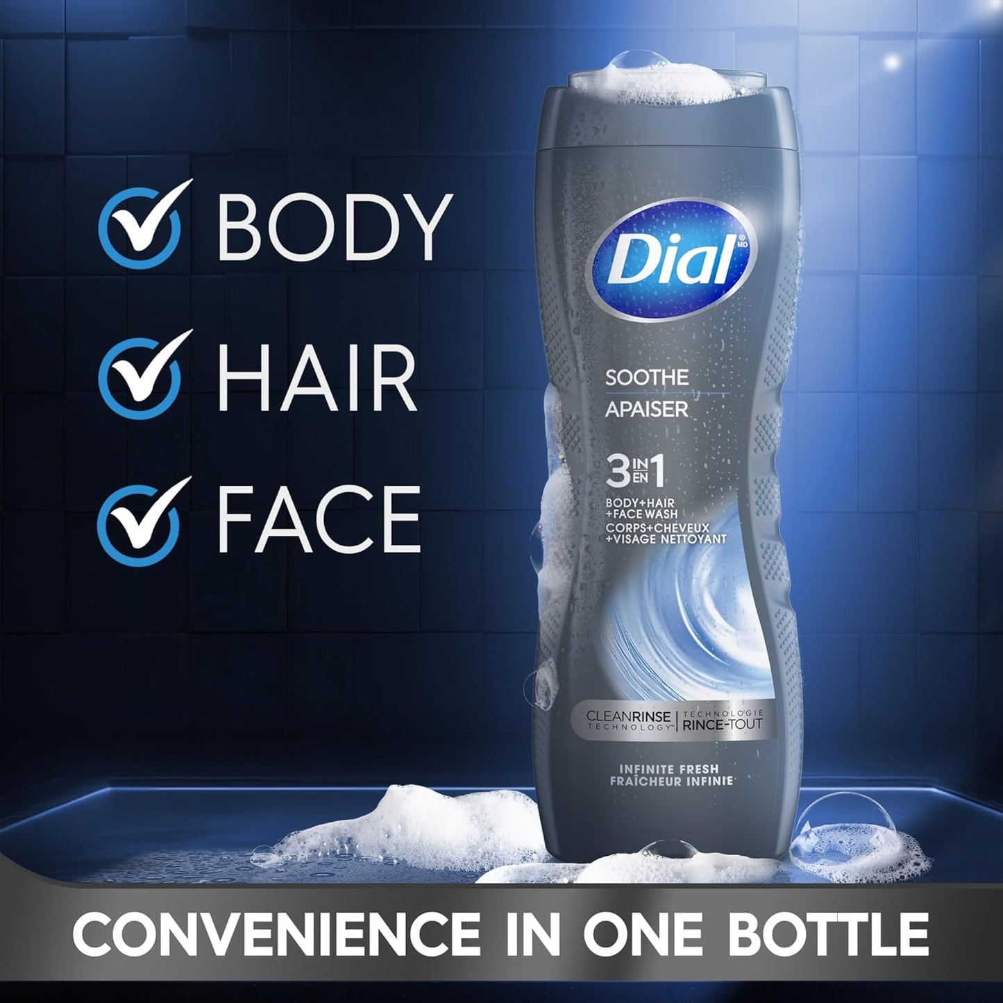 Dial Men 3 in 1 Body, Hair and Face Wash, Soothe, 16 Fl Oz, Pack of 4, Infinite Fresh Scent, Cleanses Deep + Gentle on Skin with Clean Rinse Technology