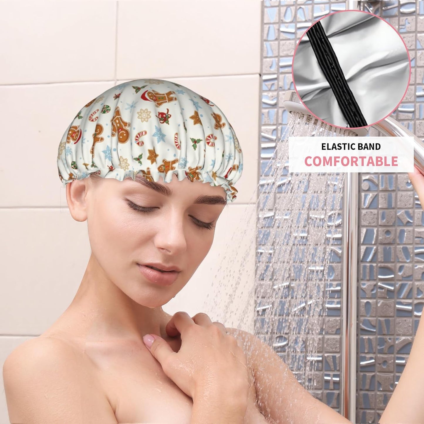 Christmas Shower Caps Gingerbread Man Decorative Hair Caps Xmas Dual-Layer Waterproof Bath Hat Elastic Reusable Hair Hat for Shower Cooking Clean Makeup Travel