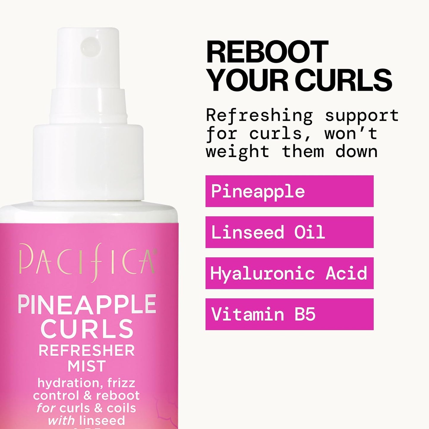 Pacifica Pineapple Curls Refresher Mist - Curl Refresher Spray, with Hyaluronic Acid, Vitamin B5 and Plant Oils, Vegan and Dermatologist Tested Curly Hair Products and Wavy Hair Products - 4 Fl Oz