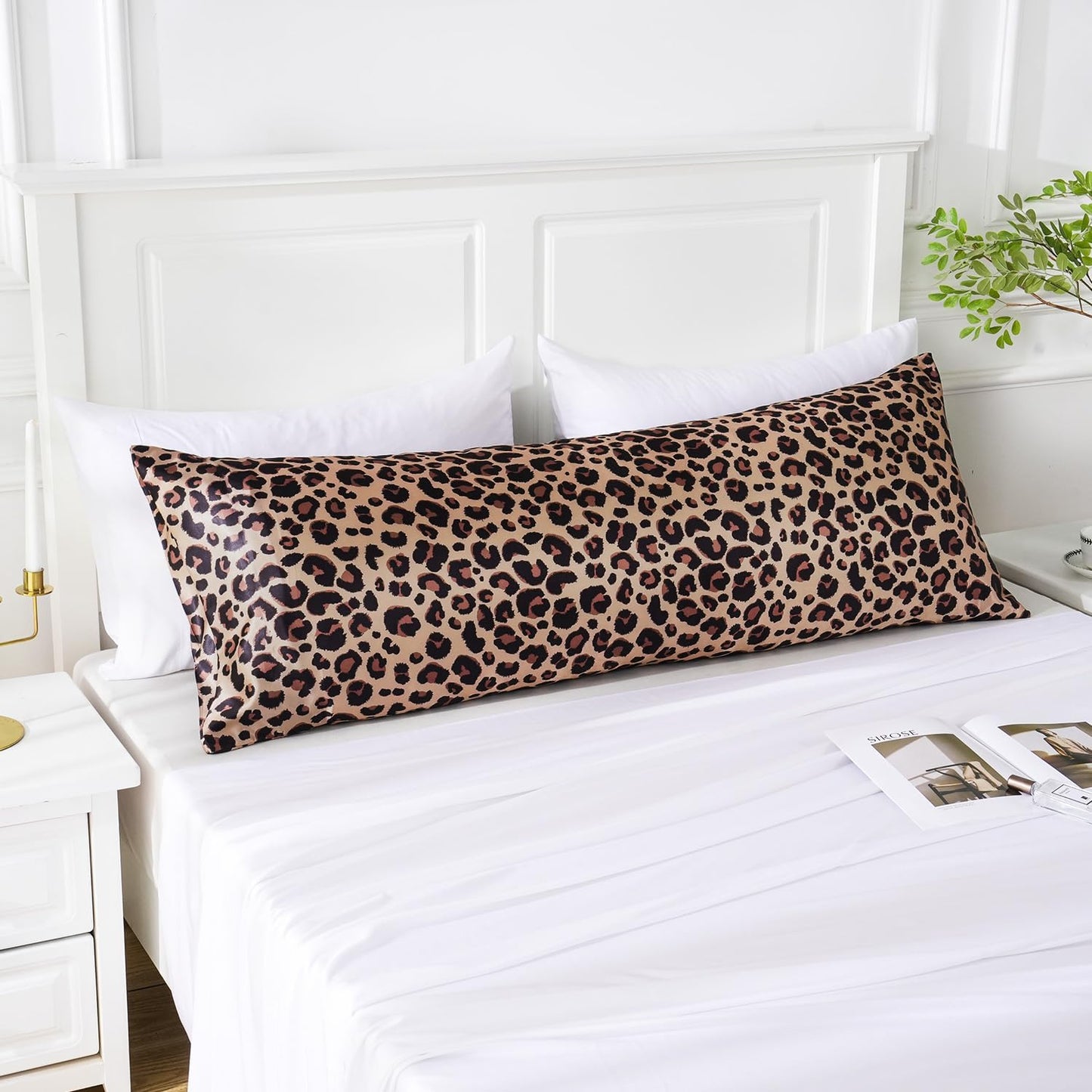 MR&HM Satin Body Pillow Cover, Soft and Breathable Body Pillow Case with Envelope Closure, Cooling and Silky Long Pillowcase for Hair and Skin,Grey (20x54, Brown Leopard)