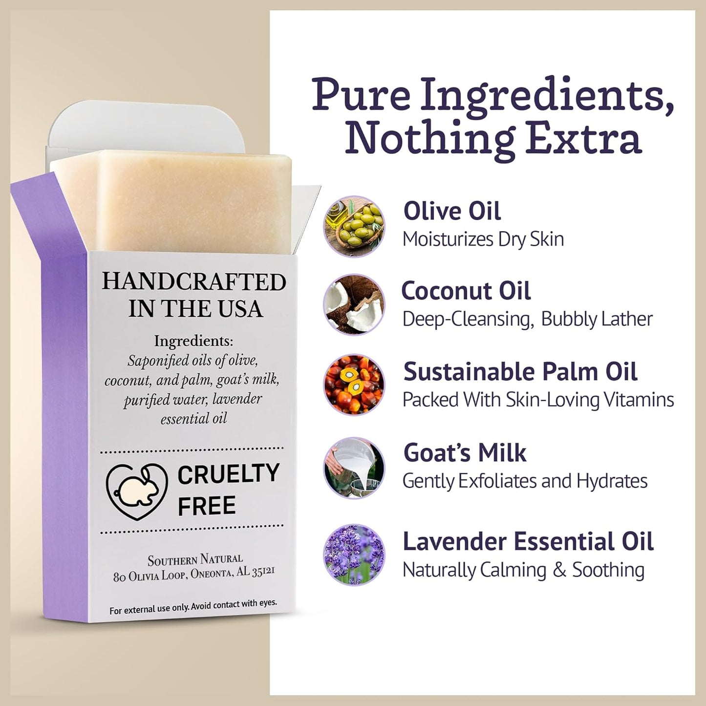 Southern Natural Goat Milk Soap Bar (Lavender 3 Pack) For Dry Sensitive Skin. Natural, Handmade Soap For Men, Women, Kids & Baby. Use On Face & Body