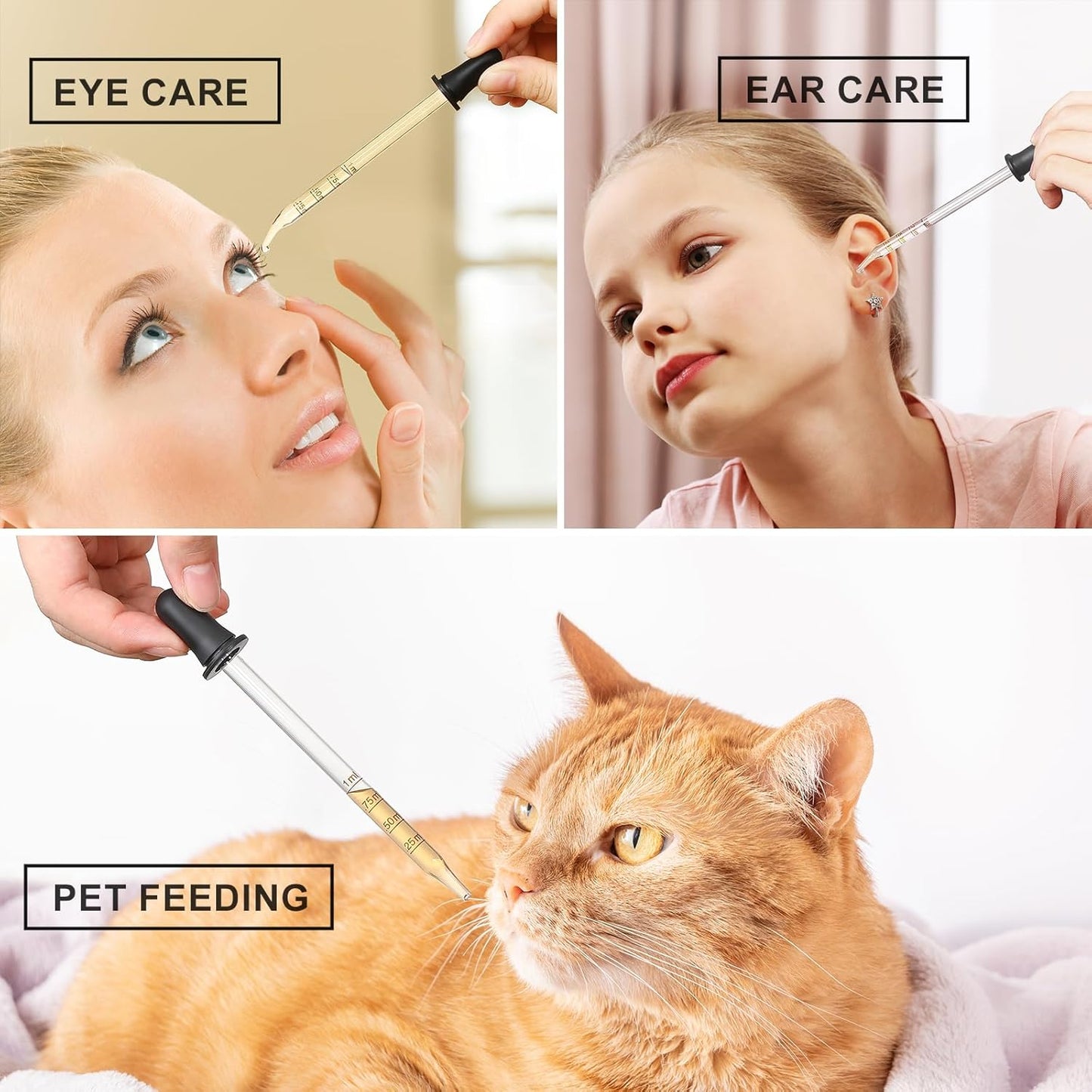 8 Pack, 1 mL Glass Eye Dropper with Measurement - Long Bent & Straight Tip Calibrated Glass Medicine Droppers, Accurate Dose Pipette Dropper for Essential Oil, Feeding, Ear, Eye, Lab, Health, Beauty