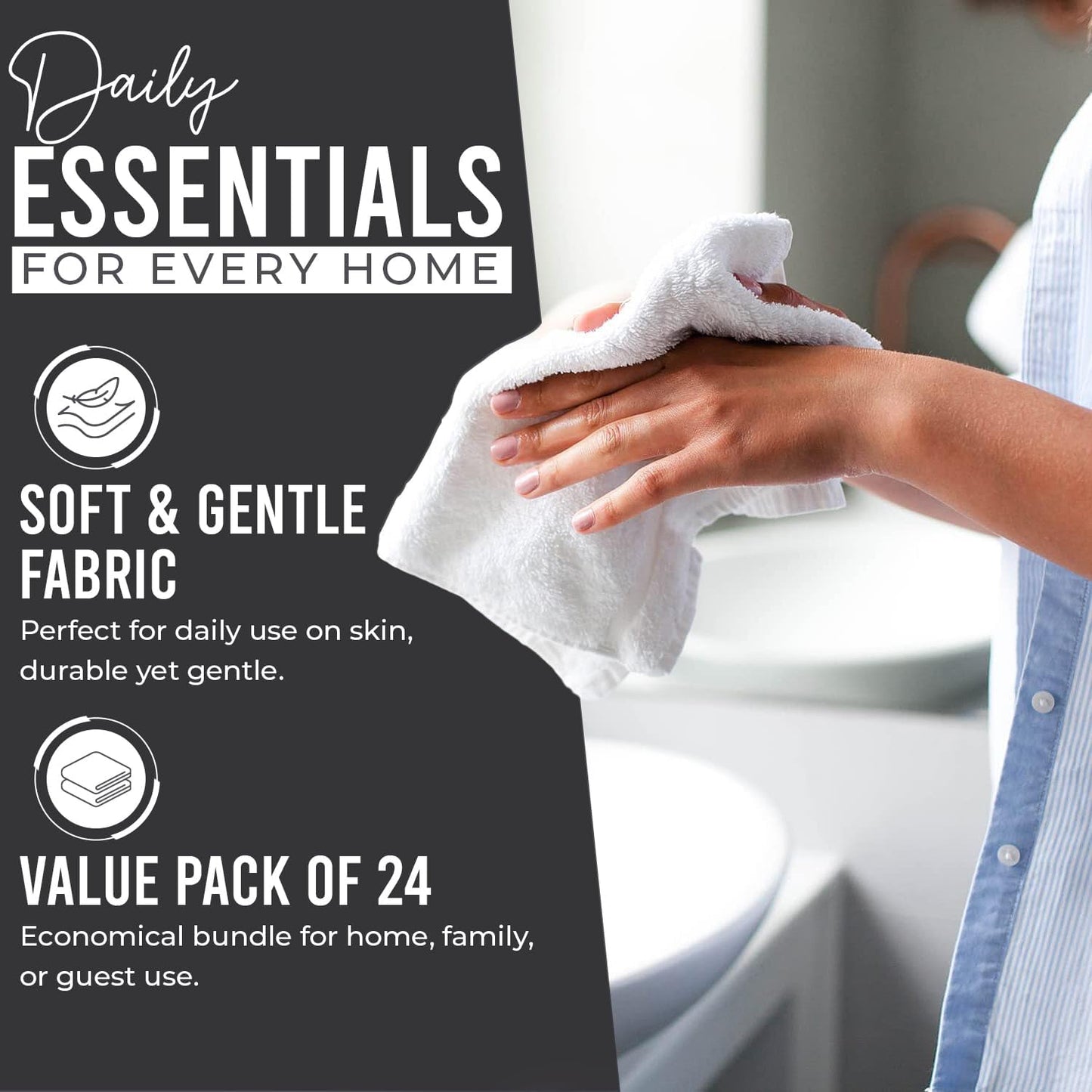 DAN RIVER 100% Cotton Wash Cloths 24 Pack [12x12] Soft & Absorbent wash Rags for Bathroom, Gym, Hotels & Spa Perfect for Everyday Use Fingertip Towels, Dark Gray