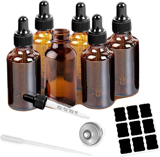 6 Pack 2oz Tincture Bottles With Dropper Amber Glass Dropper Bottle with Measured Eye Dropper Funnels,Labels,60ml Empty Bottle Brown for Homemade Vanilla Essential Oil,Tincture,Serum,Liquids