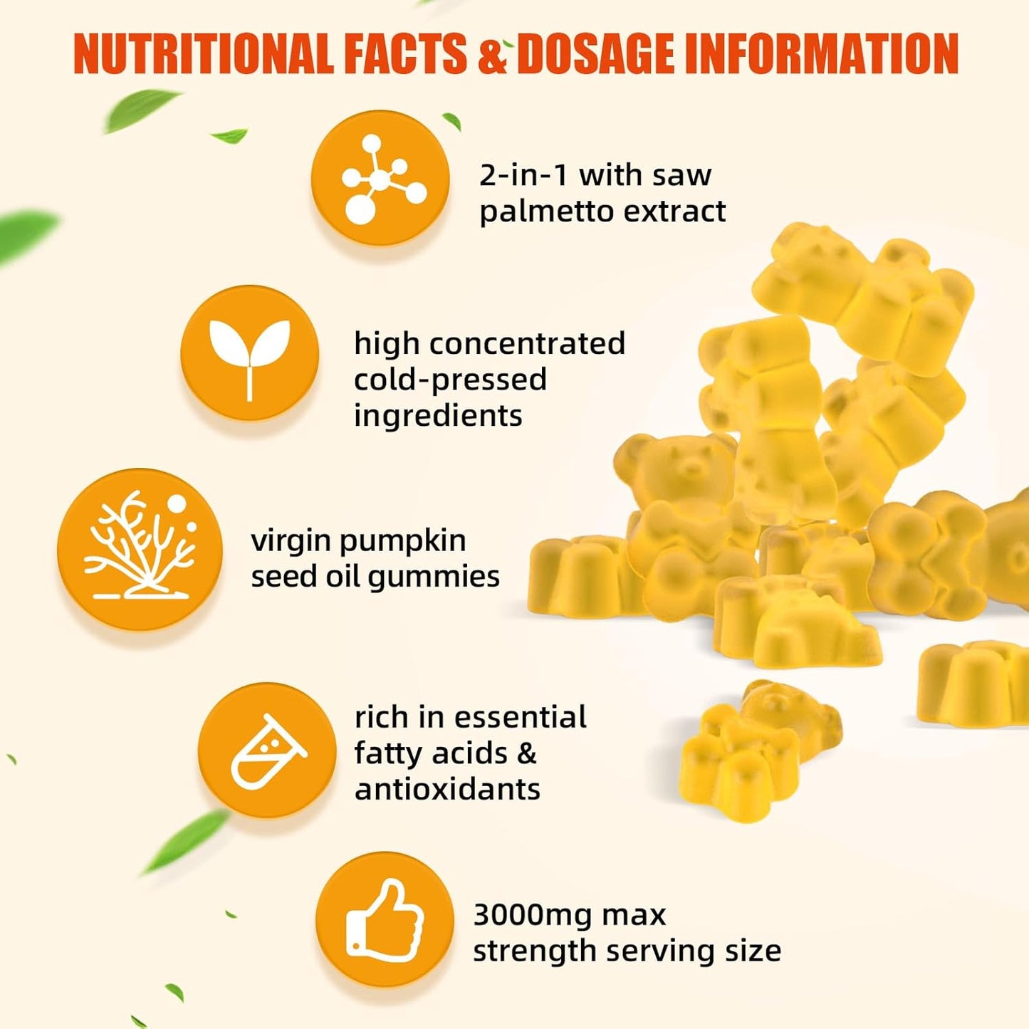 Pumpkin Seed Oil with Saw Palmetto: Pumpkin Seed Oil Gummies Extract Sugar-Free 3000mg Per Serving for Hair Growth Urinary Bladder & Prostate Health Non-GMO