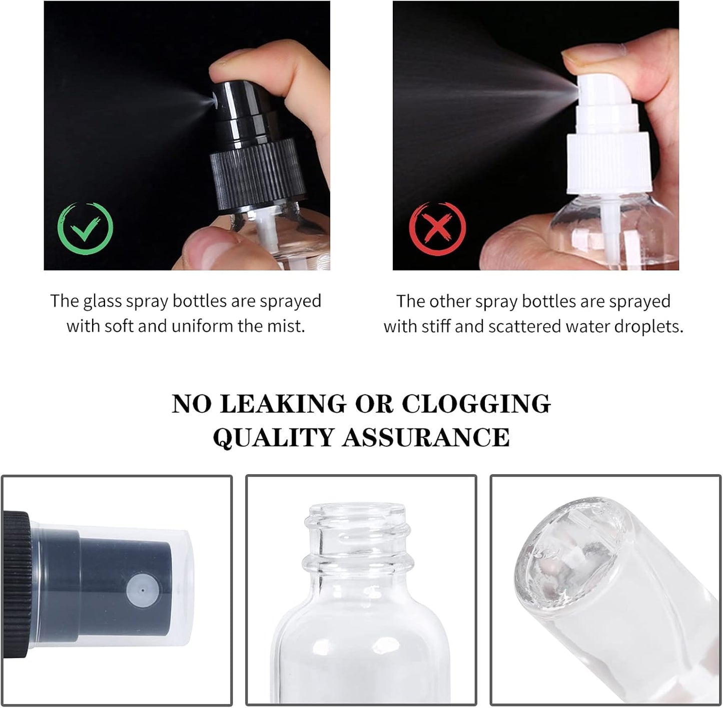 2oz Glass Spray Bottle, Fine Mist Boston Glass Bottles with Black Fine Mist Sprayer Small Clear Bottles for Essential Oils, Bath, Beauty, Hair & Cleaning, Clear, Pack of 48