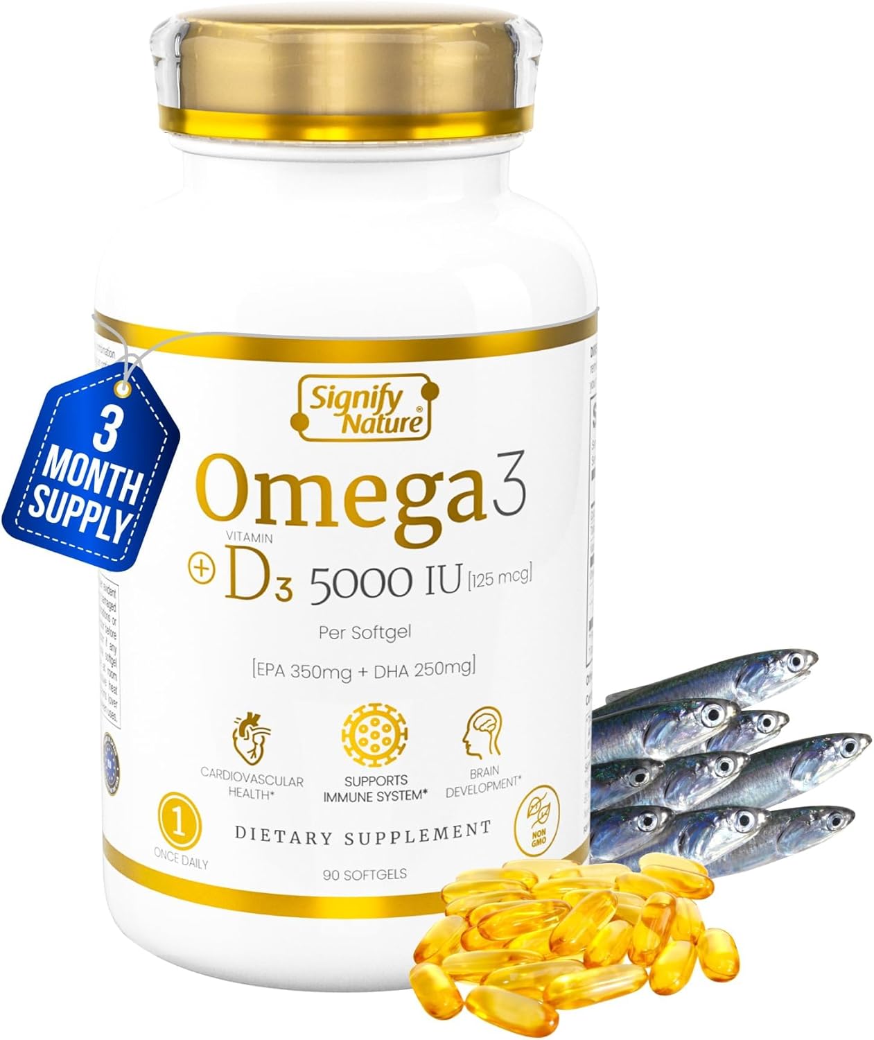 SIGNIFY NATURE Omega 3 Fish Oil Supplement with Vitamin D3 5000 IU - 1000mg Triglyceride Capsules for Brain Health - Omega3 EPA DHA + VIT D 3-90CT