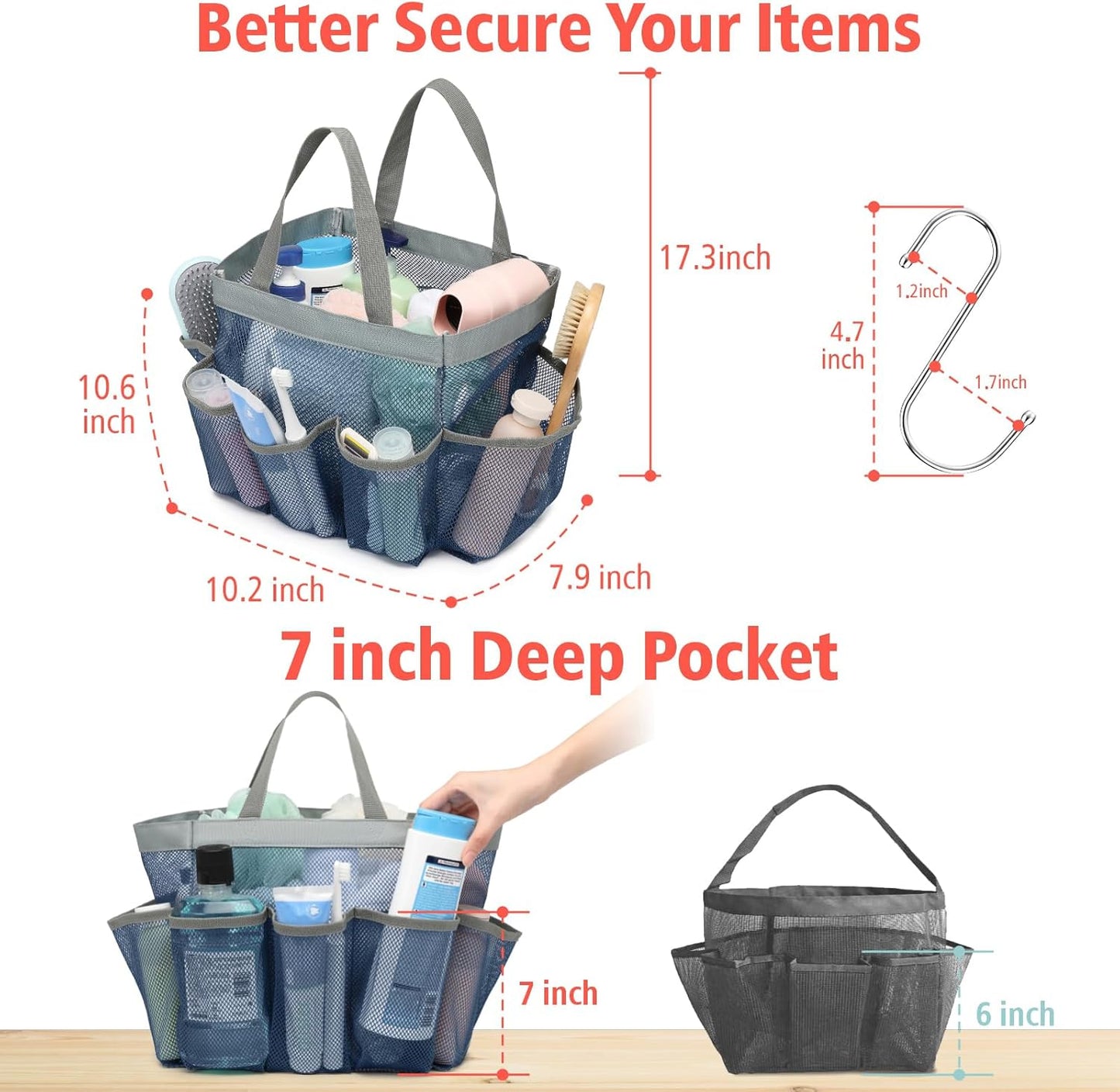 F-color Mesh Shower Caddy Portable - Navy Blue, Upgrade Deeper 7 Pockets Shower Bag Basket Tote for College Dorm Room Toiletry Bathroom Essentials Gym Camp Quick Dry 2 handles with S Hook