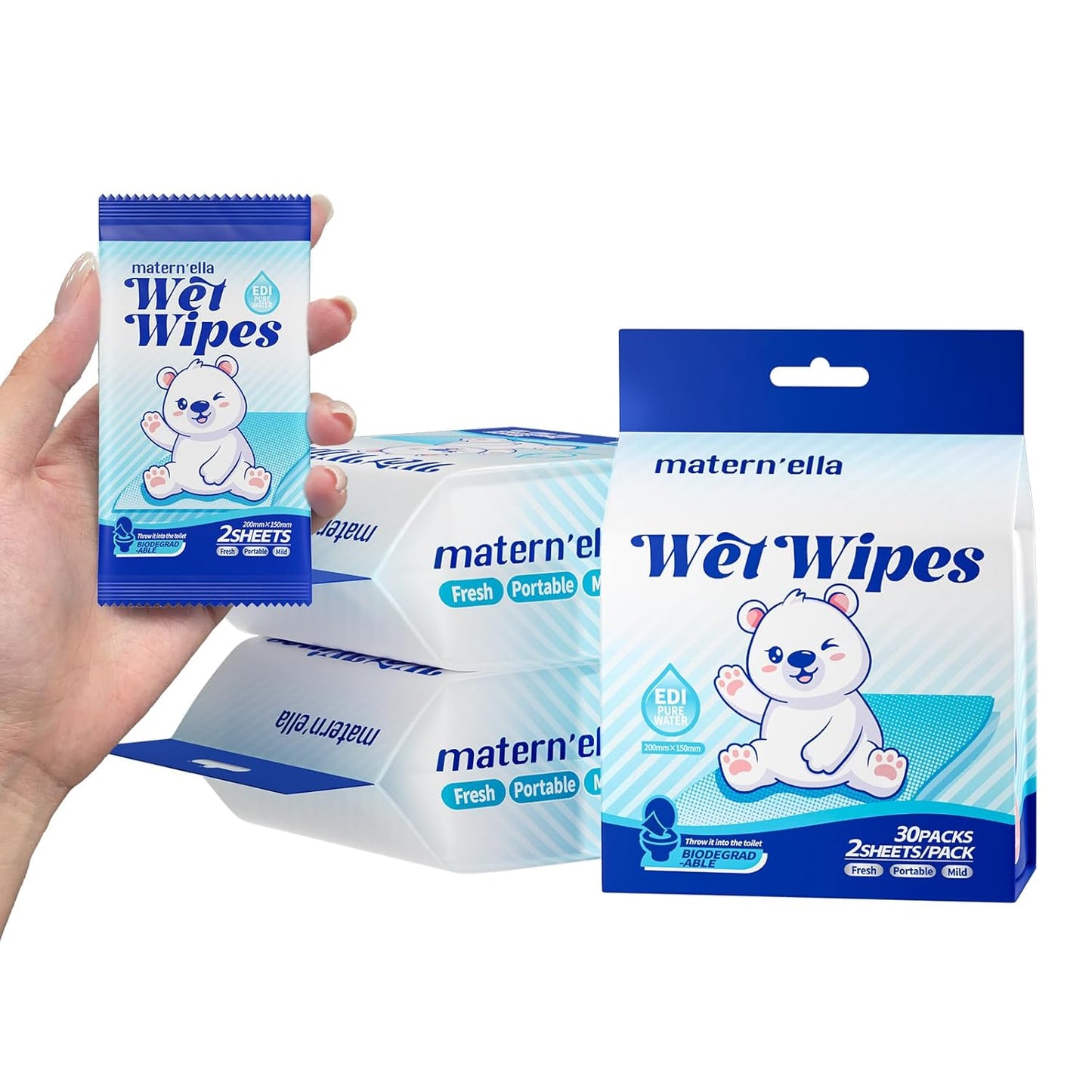MATERN'ELLA Flushable Butt Wipes for Sensitive Skin, Pocket Friendly, Calendula & Centella Asiatica Extract & EDI Pure Water, Fragrance free & Extra Large 90 Packs 180 Total Wipes
