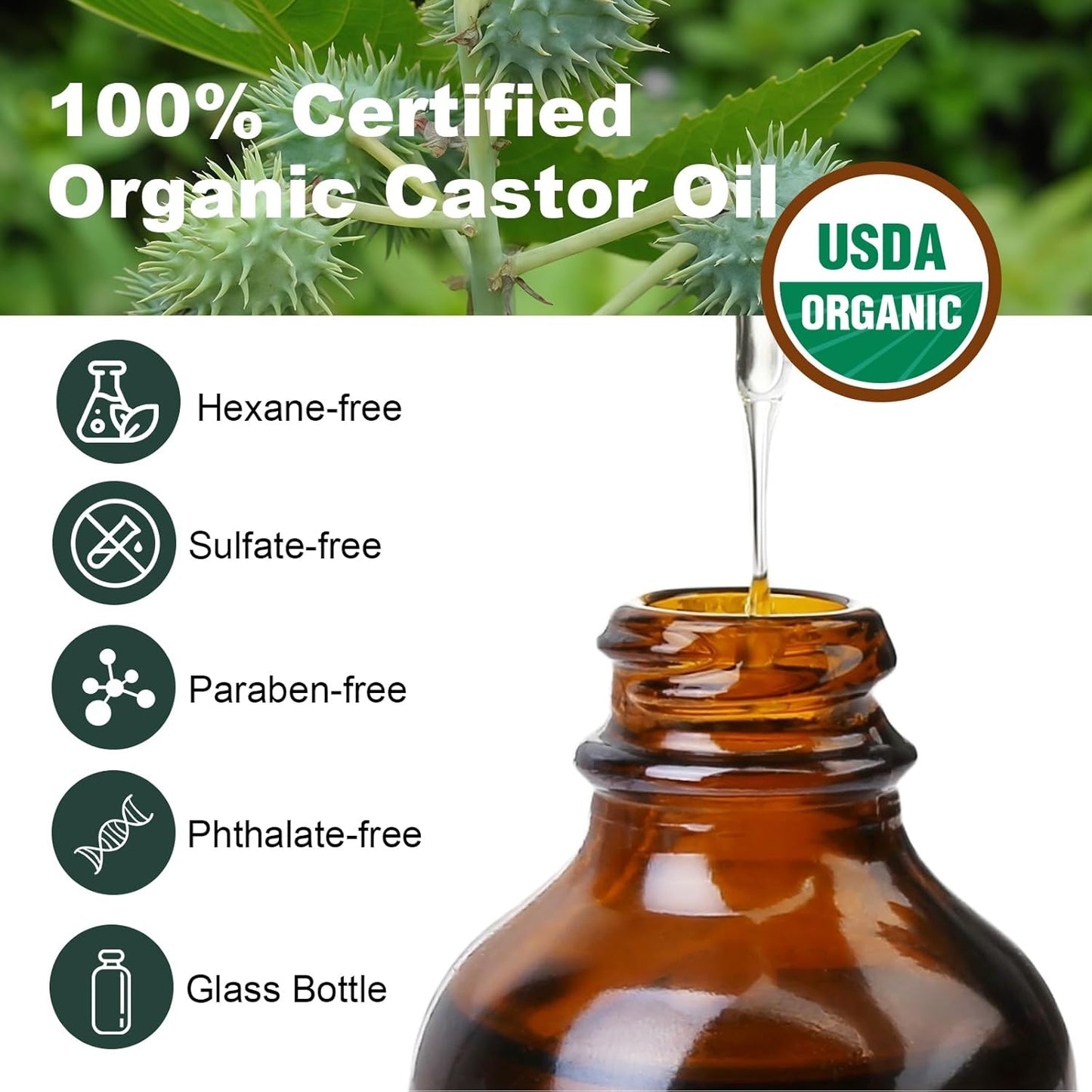 Organic Castor Oil 8oz for Hair Growth Skin Moisturizer, 100% Pure Hexane-Free Eyebrow Eyelash Growth Serum, with 10PCS Castor Oil Patches for Belly Button, Glass Bottle with Pump Dropper