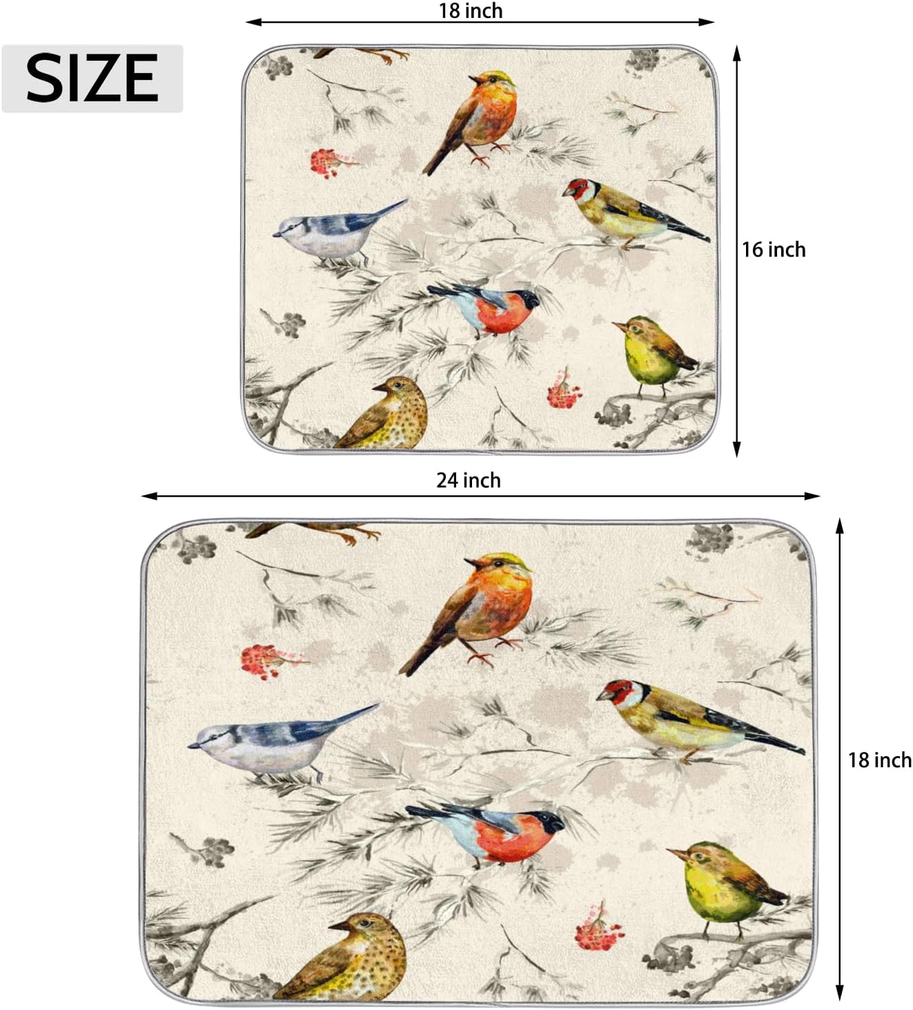 Hexteria Vintage Birds Dish Drying Mat for Kitchen Counter, Absorbent Reversible Microfiber Dish Drying Pad Kitchen Drying Mat for Home Decor, 18 x 24 inch