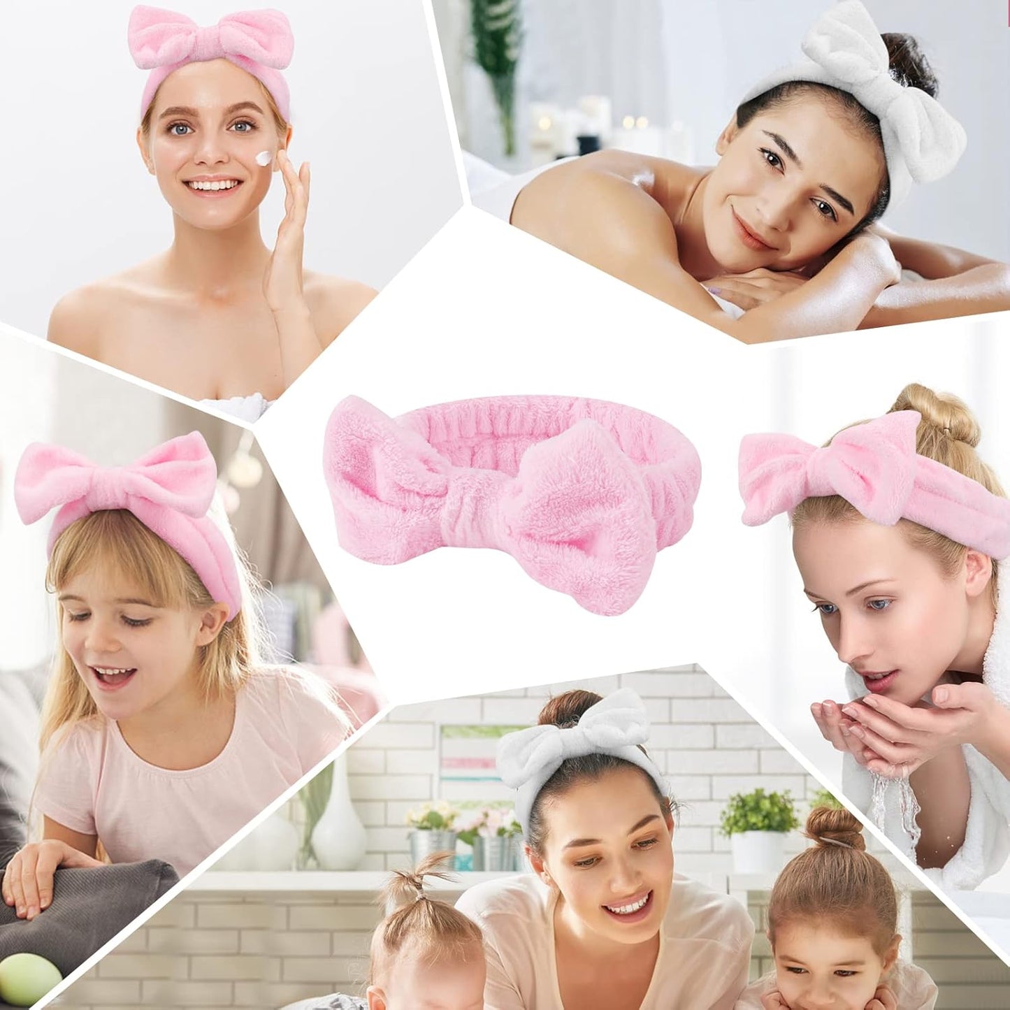 Casoty Spa Headband, 6 Pcs - Soft Coral Fleece Hair Band for Face Washing, Skin Care, Makeup, Shower, Yoga, with Bow Knot, One Size Fits All, Good Elasticity