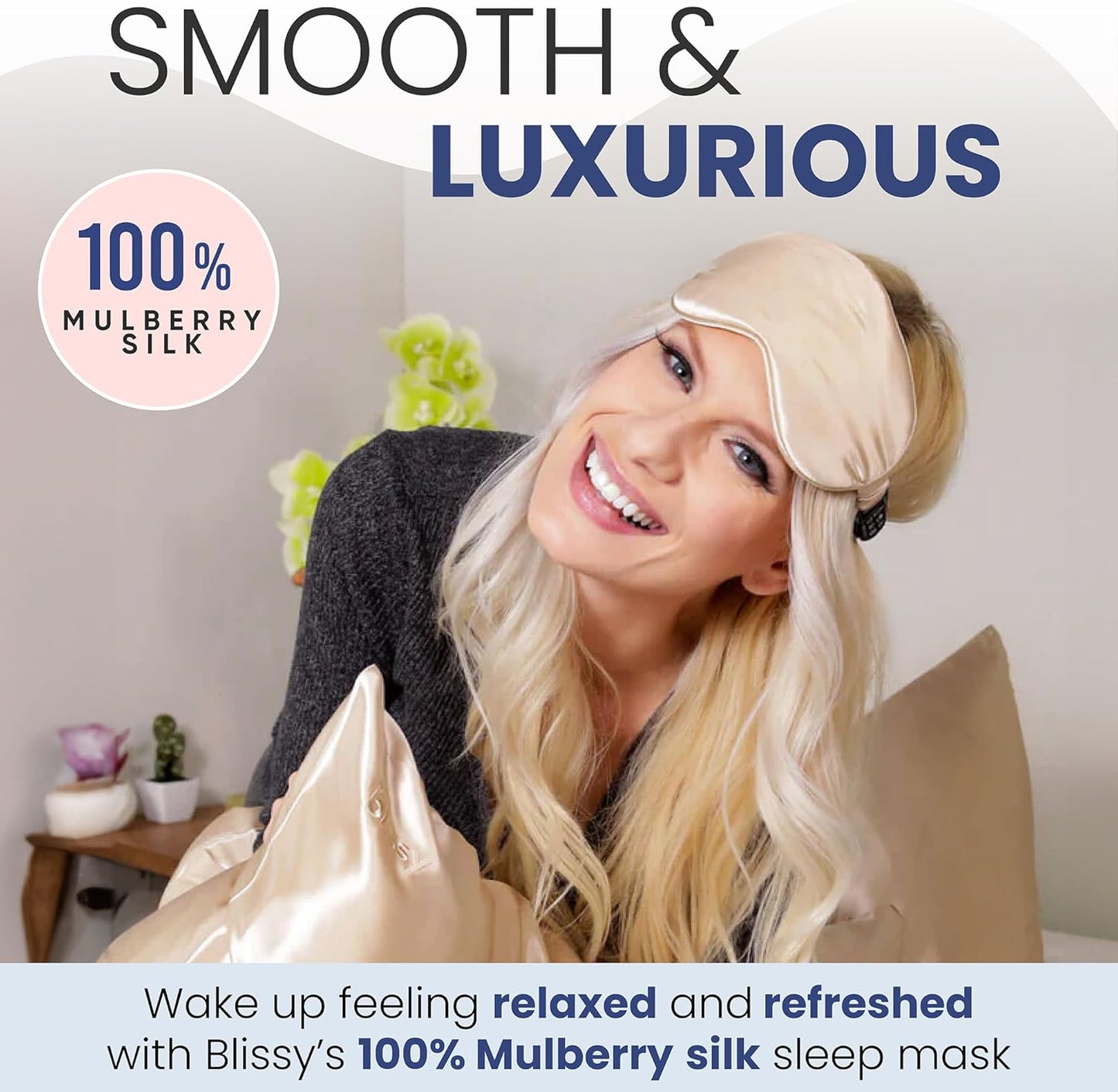 Blissy Silk Sleep Mask - Eye Sleeping Mask for Women & Men for Total Blackout - 100% Pure Mulberry Silk, 22 Momme 6a Fibers - Blindfold Sleep Mask Side Sleeper Eye Cover (Champagne)