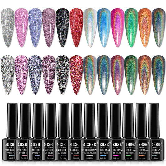 MIZHSE 6 Glitter and 6 Holographic Gel Nail Polish, Sparkle Shiny Glossy Rainbow Iridescent High Pigment Gel Polish Nail Lacquer Soak Off Manicure Art Gift for Ladies