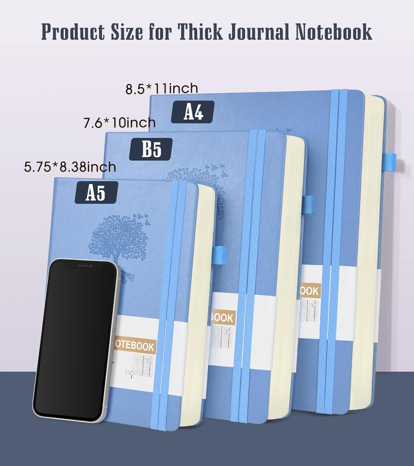 Lined Journal Notebook, 365 Pages B5 Large Hardcover Leather Journal for Women Men, College Ruled, 100Gsm Thick Paper (7.6'' X 10'' Blue)
