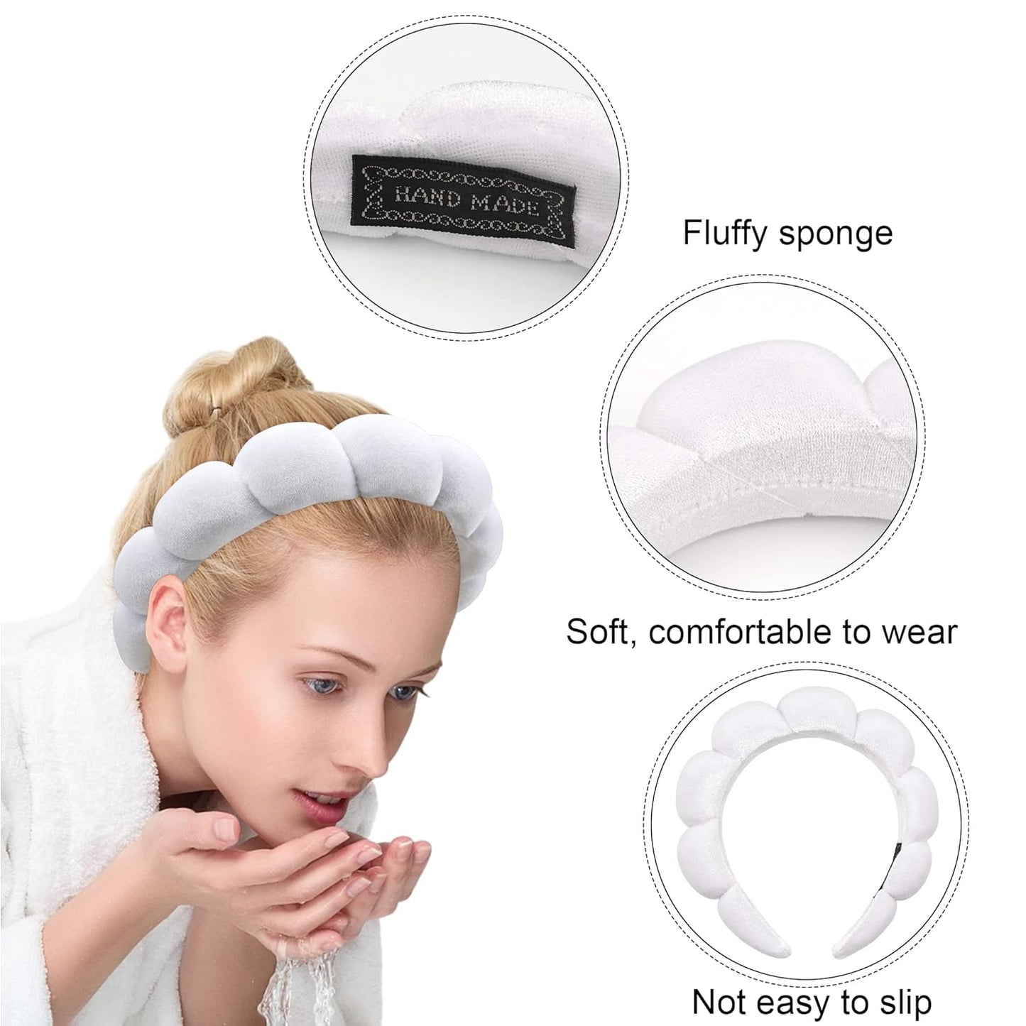Ayesha Spa Headband for Washing Face Sponge Makeup Headbands Skincare Headband Soft Hair band to Facial Clean Headbands for Women Face wash Skin care Make up Shower (White)