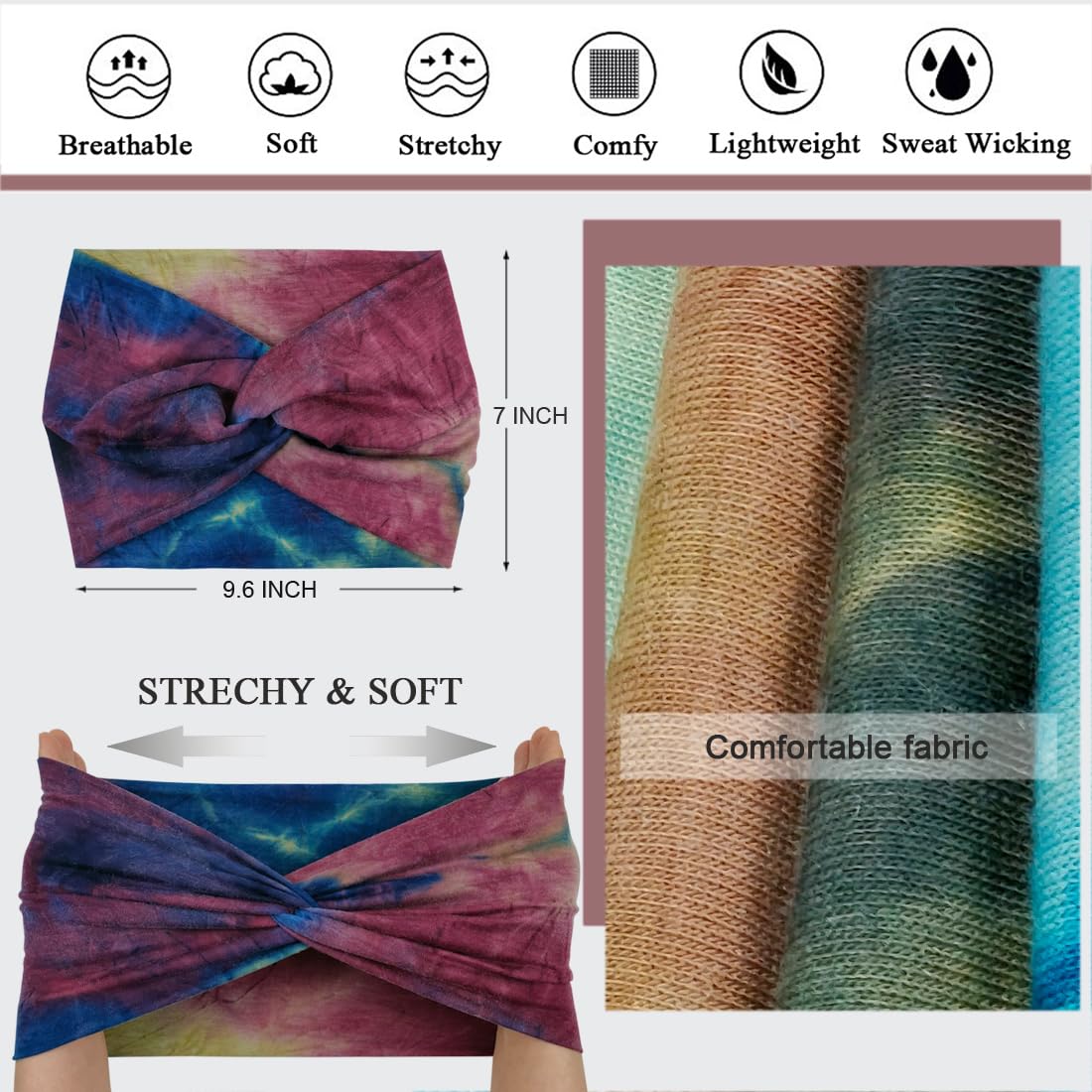 Boho Extra Wide Headbands For Women 7'' Large Headband Twist Head Bands Women's Hair Band Stretchy Turban Styling Accessories Tie Dye 8 Pack