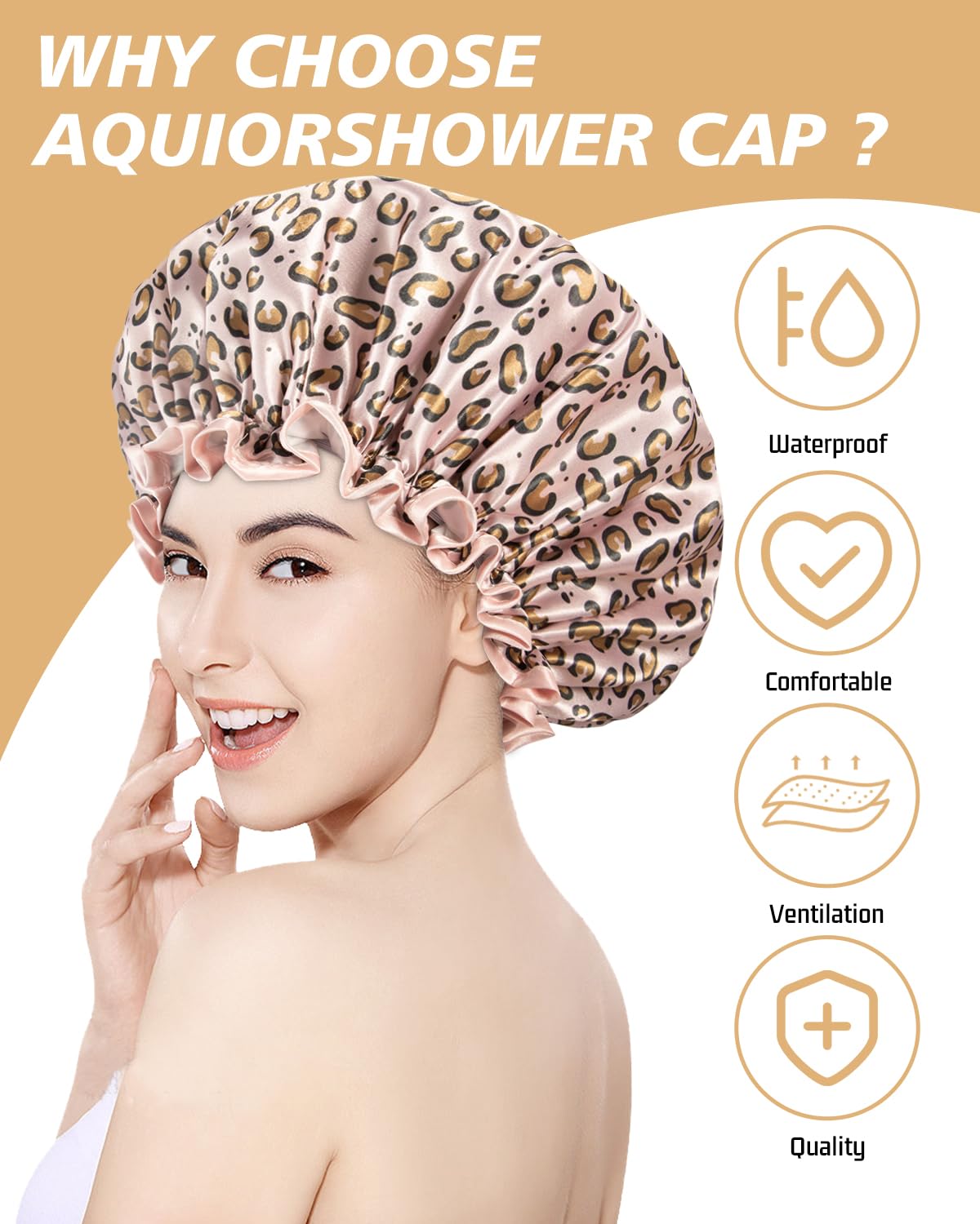 Aquior Shower Cap for Women, Reusable Shower Caps for Womens, Adult Hair Cap for All Hair, Double Waterproof EVA Lining, Leopard Shower Cap for Long Thick Hair