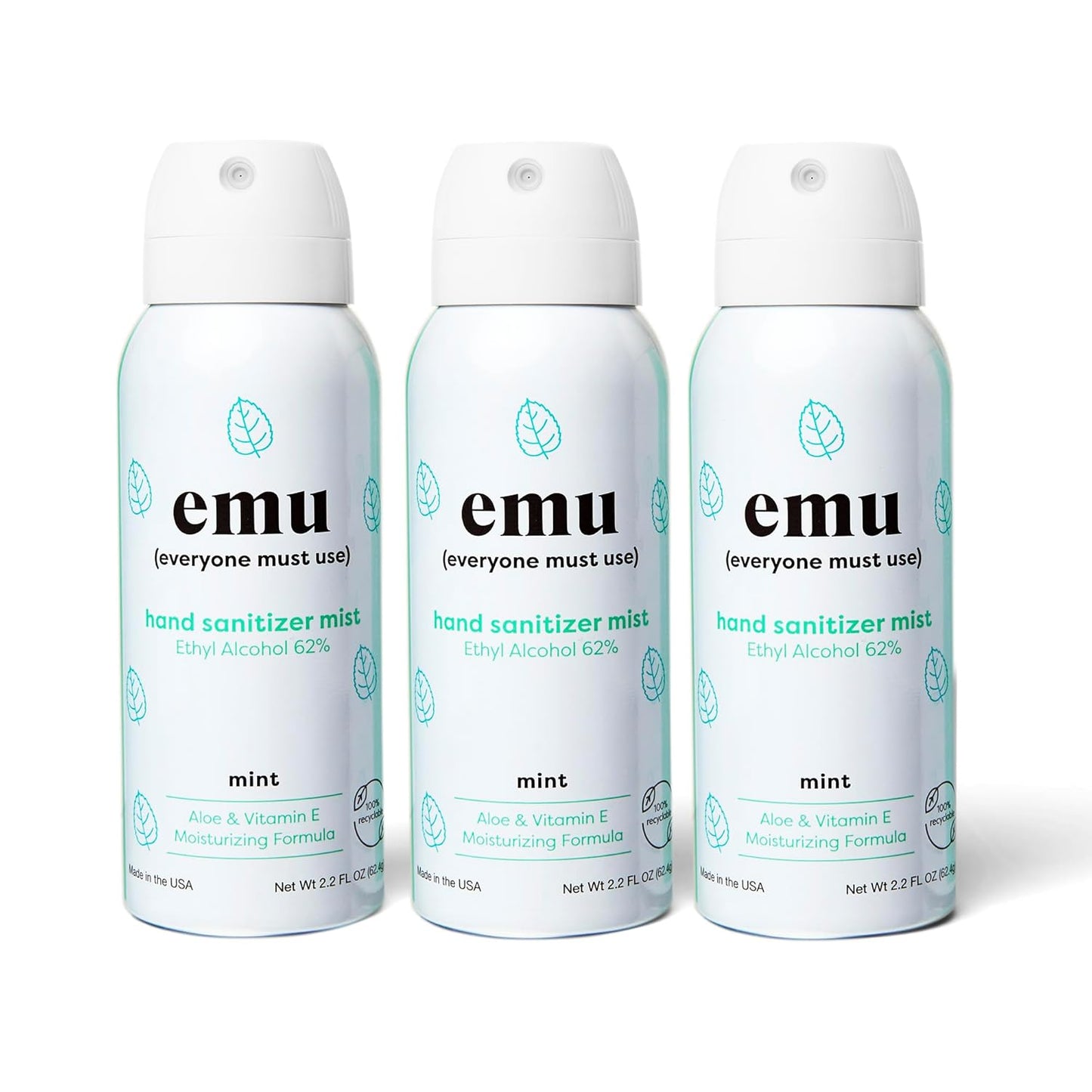 EMU (EVERYONE MUST USE) Hand Sanitizer pocket spray, Travel size 2.2oz. Cleanses Your Hands, Hydrating. Hand soap bulk. 24-hour disinfectant sanitizing. Made in USA (Pack3_Mint)