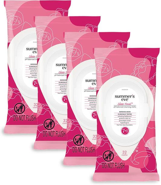 Summer's Eve Sheer Floral Daily Refreshing Feminine Wipes, Removes Odor, pH balanced, 32 Count, 4 Pack