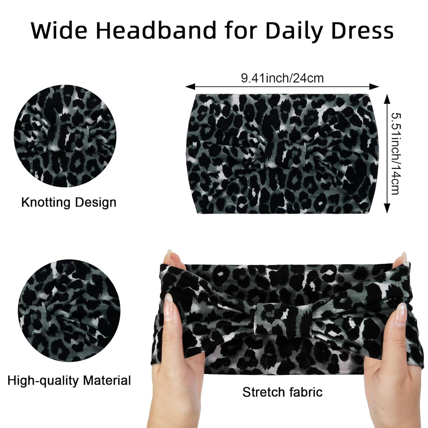 Wide Headbands for Women Black Stylish Head Wraps Boho Thick Hairbands Large African Leopard Printed Sport Yoga Turban Headband Hair Accessories (Pack of 4)