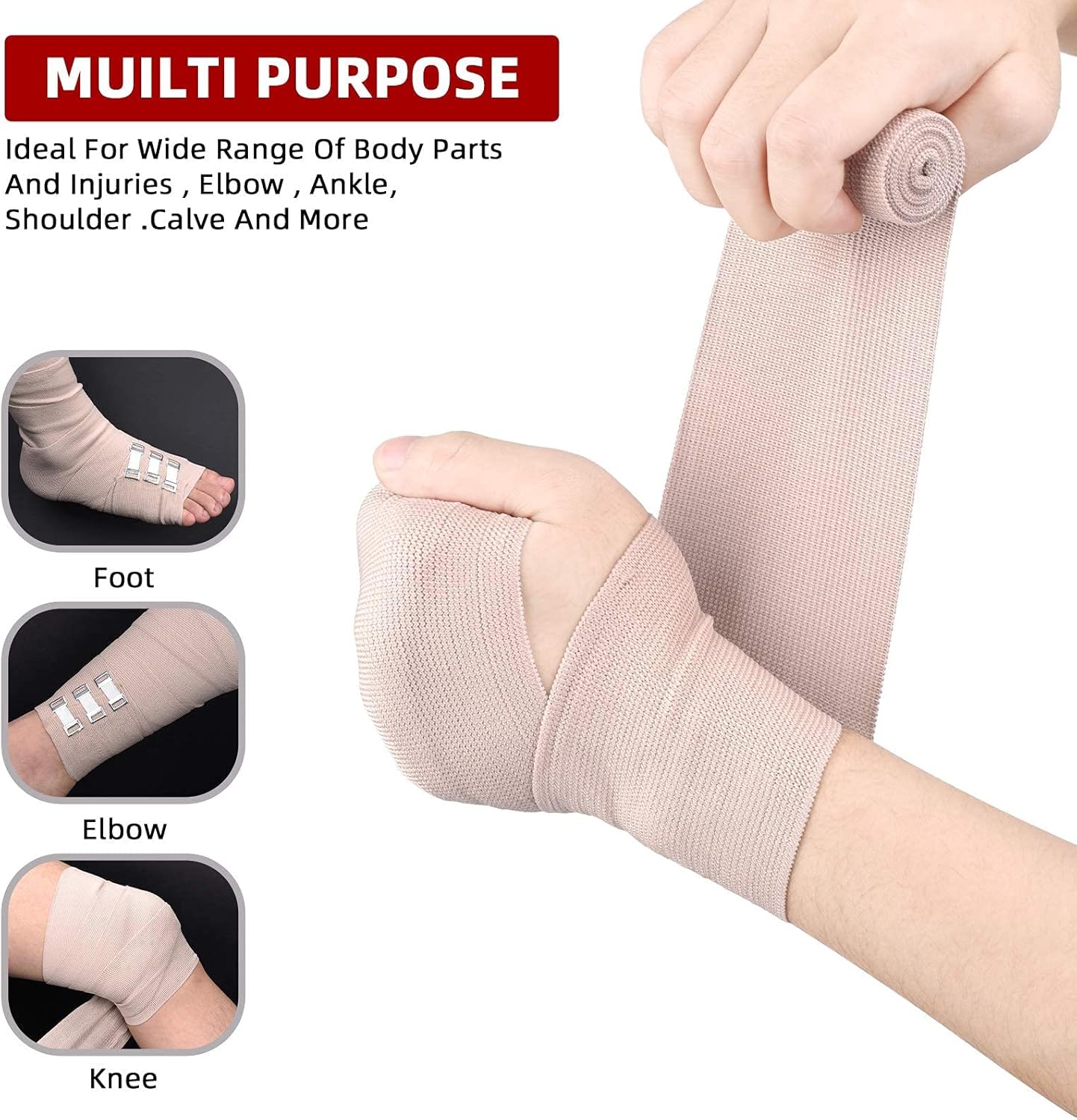 FRESINIDER Elastic Bandage Wrap 4 Pack(2 X 3 + 2 X 4 Wide Rolls) + 24 Clips | Stretch Compression Bandage Stretches up to 15ft | Ideal for Medical, Sports, Sprains, Calf, Ankle & Foot