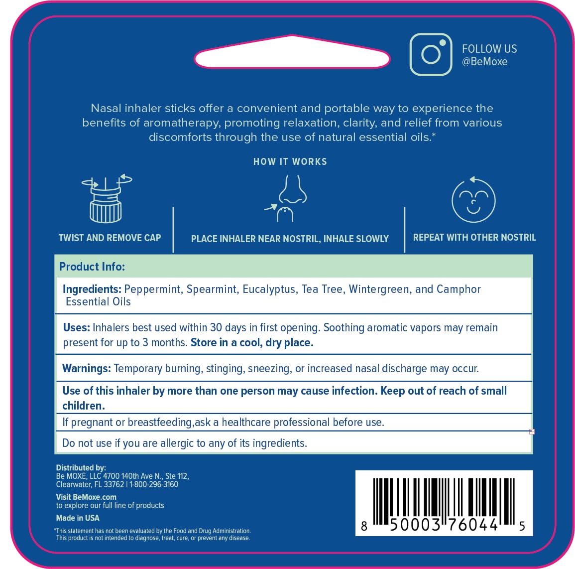 MOXE Migraine Relief Nasal Inhalers, Essential Oils for Headaches & Tension Relief, Portable Aromatherapy, Easy-to-Use, Pure & Undiluted, Peppermint, Spearmint, Eucalyptus, Tea Tree, USA Made, 3 Pack