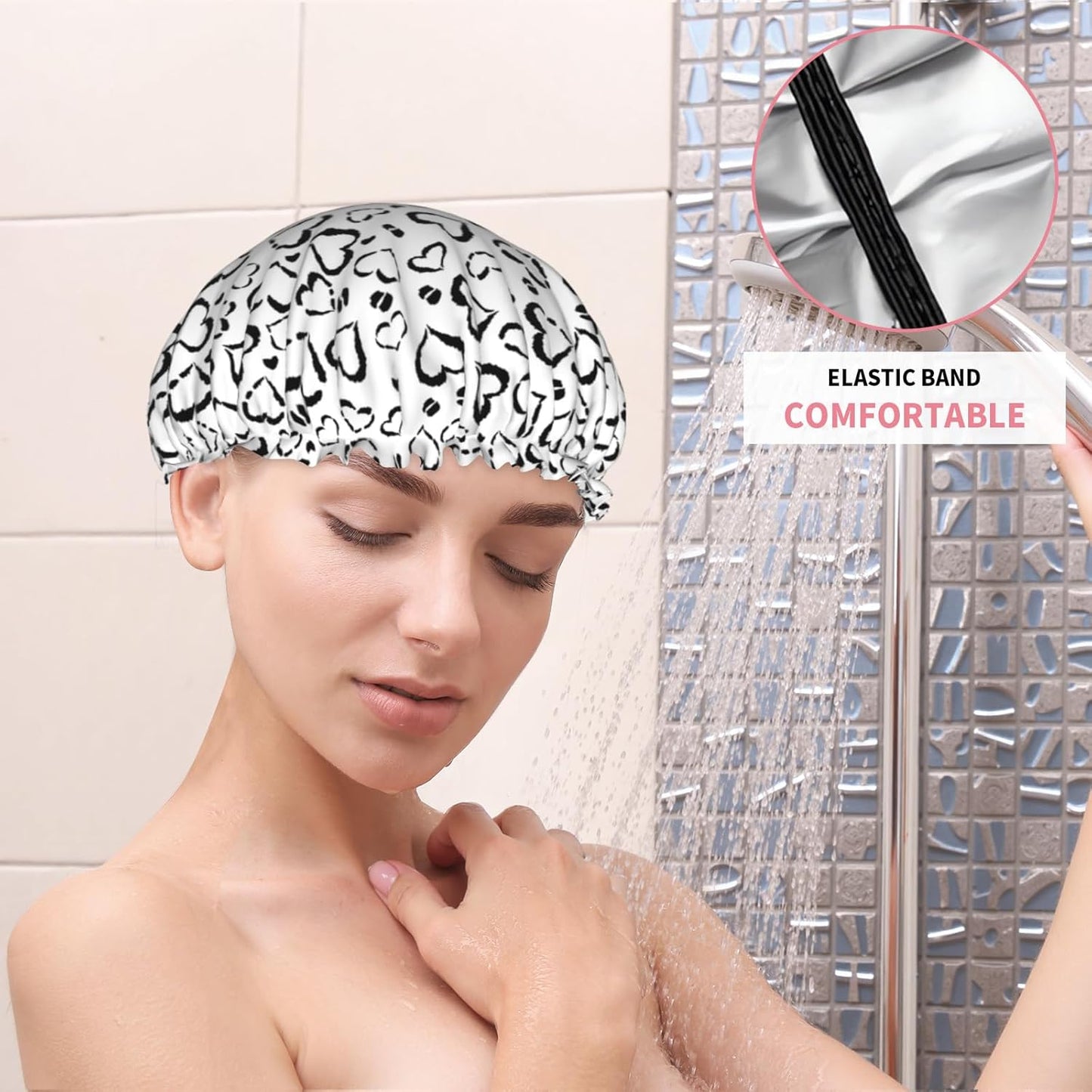 Black Heart Leopard Print Shower Caps Dual-Layer Waterproof Bath Hat Black White Hair Caps Elastic Reusable Hair Hat for Shower Cooking Clean Makeup Travel