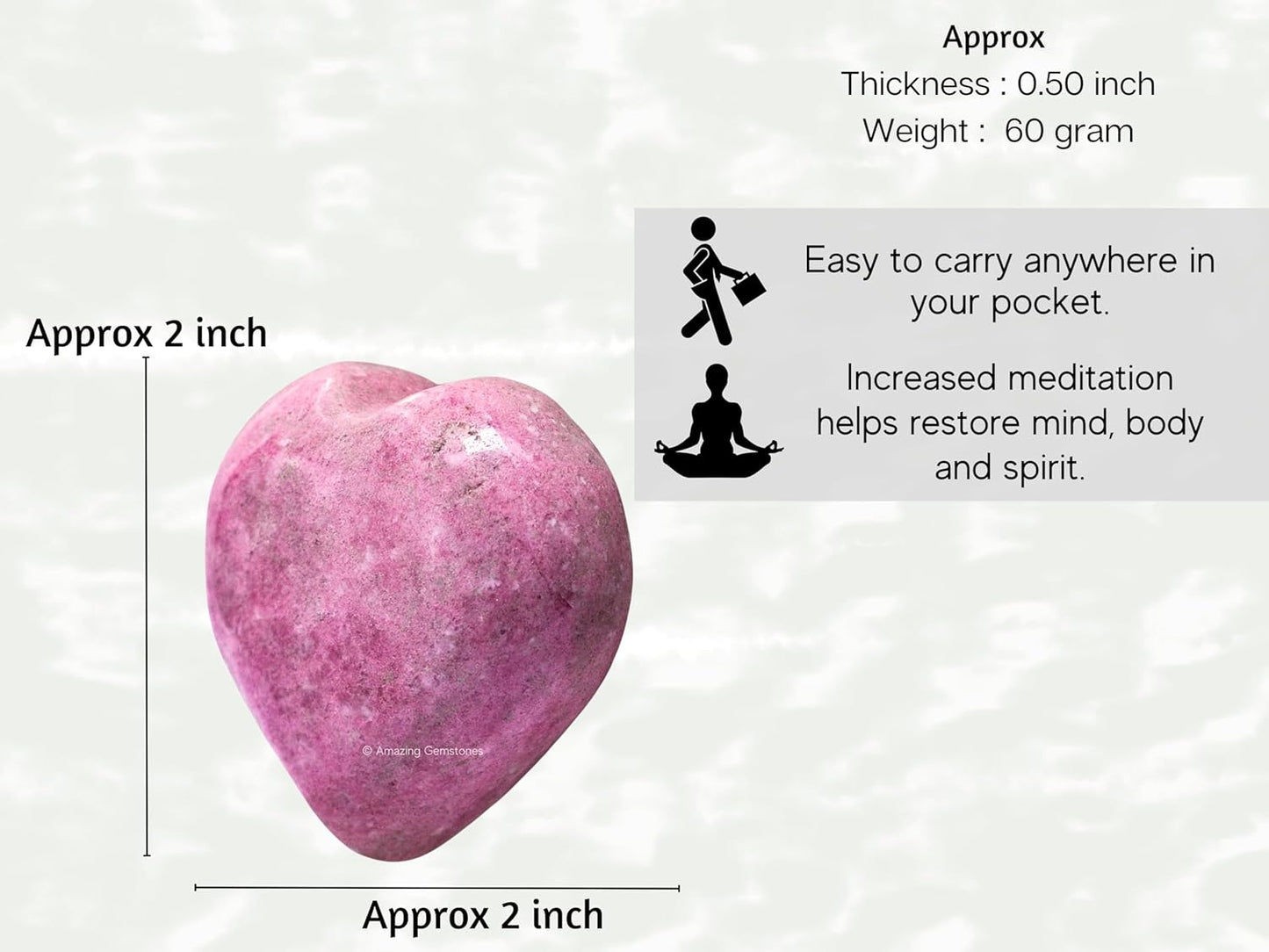 Amazing Gemstone Thulite Crystal Heart Palm Stone - Pocket Massage Worry Stone for Natural Body Chakra Balancing, Reiki Healing and Crystal Grid