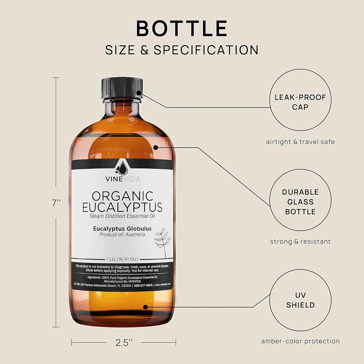 VINEVIDA Organic Eucalyptus Essential Oil 16 oz - Undiluted, Pure, Vegan, and Sustainable