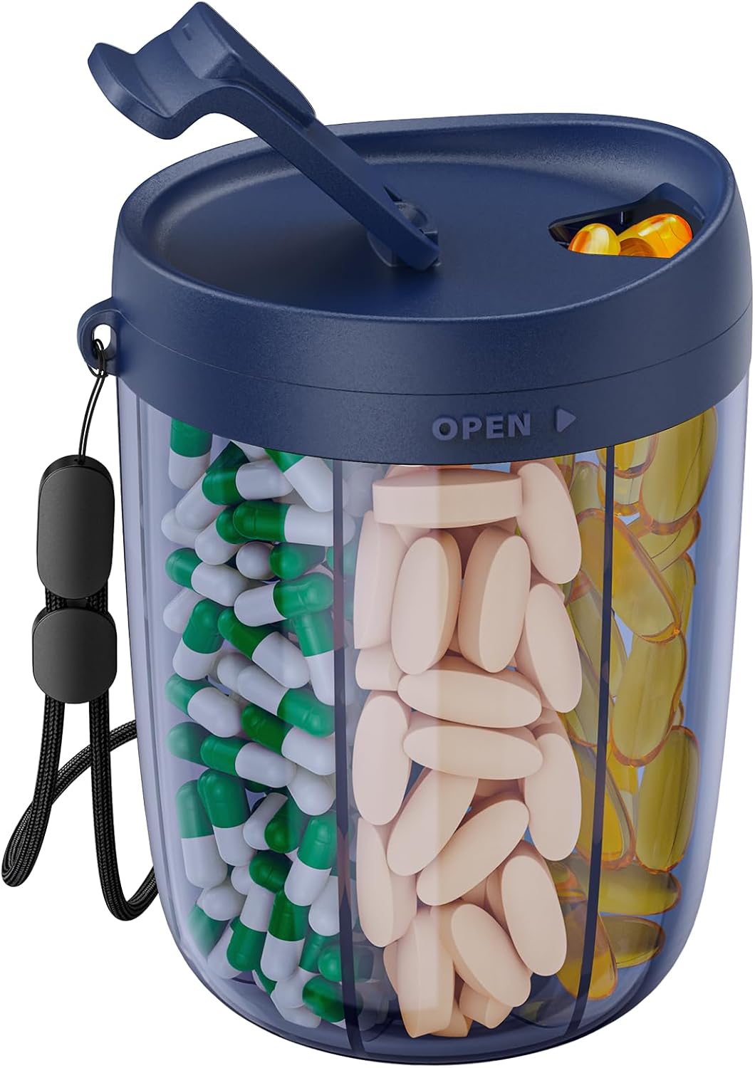 PULIV Large Pill Bottle Organizer, Supplement Organizer for Holding 6 Various Vitamins, Pill Box with Anti-Mixing & Wide Opening Design, Easy to Retrieve Meds and 20 Pcs Stick-on Labels, Business Blue