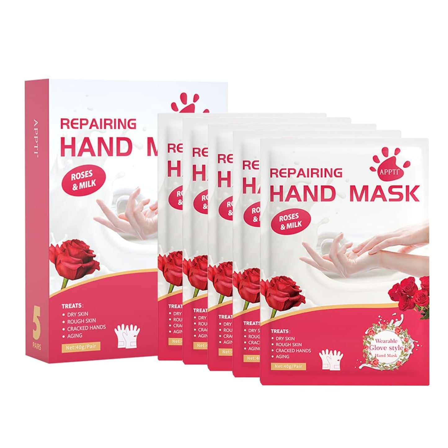 VolksRose Moisturizing Hand Mask Gloves for Dry Cracked Hands, Overnight Repair Treatment - Intensive Hydration Hand Masks with Rose & Milk, 5 Pairs - Spa Care for Extremely Dry, Rough Skin