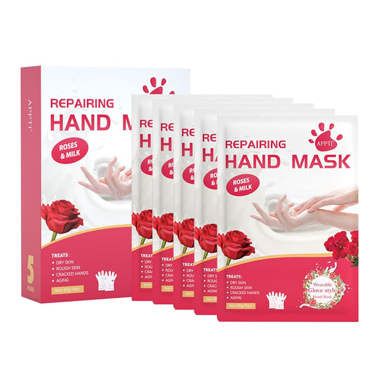 VolksRose Moisturizing Hand Mask Gloves for Dry Cracked Hands, Overnight Repair Treatment - Intensive Hydration Hand Masks with Rose & Milk, 5 Pairs - Spa Care for Extremely Dry, Rough Skin