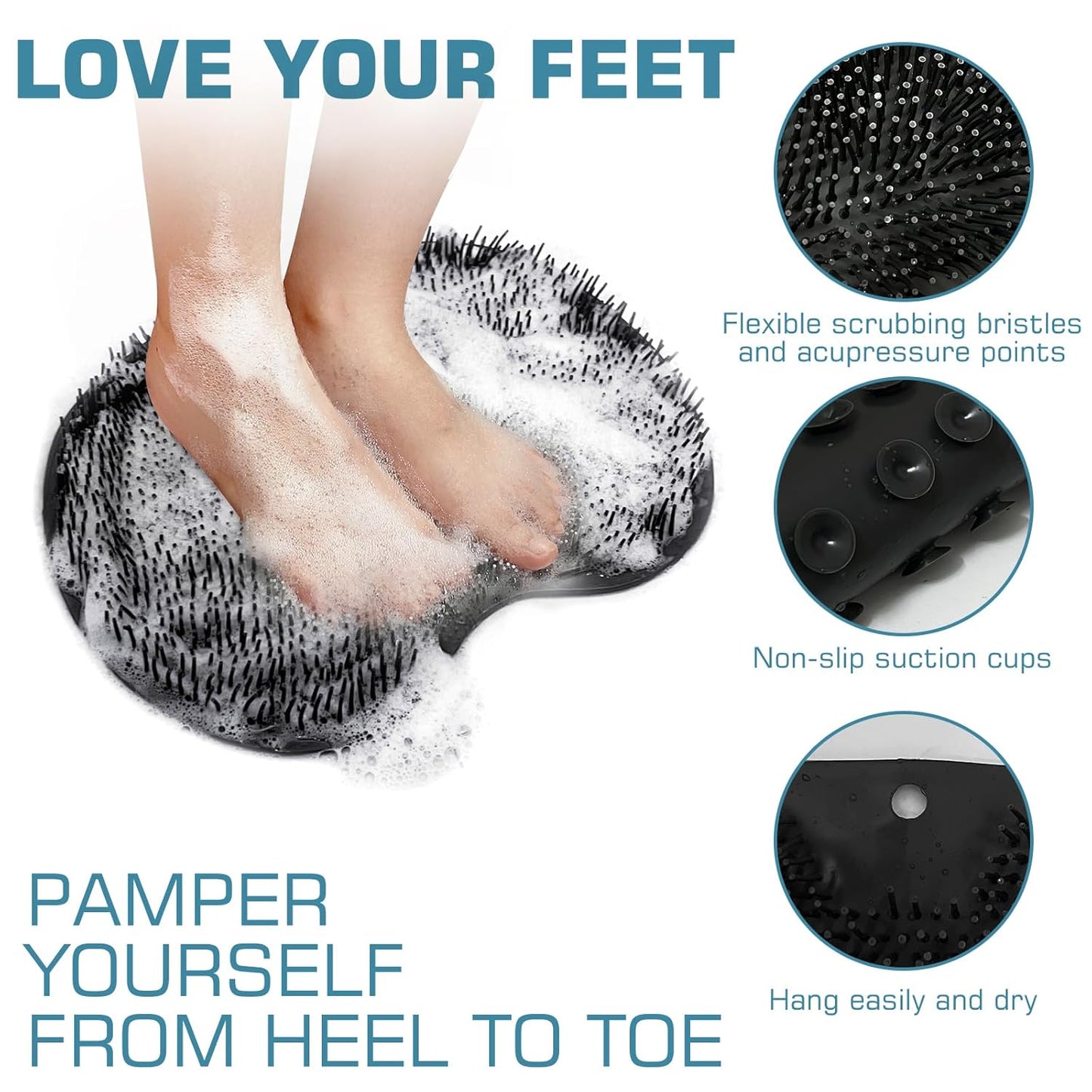 Shower Foot Scrubber Mat Back Washer Back Exfoliating Bath Wash Pad Wall Mounted Slip Suction Cups Foot Scrubber for Use in Shower Cups Foot Cleaner for Men and Women (Black)