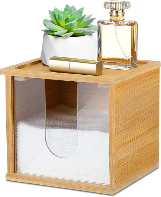 Chunful Disposable Face Towel Holder Box with Bamboo Lid, Acrylic Cosmetic Facial Towel Storage Container for Disposable Makeup Wipes Bathroom Vanity Countertop (Card Slot Connection)