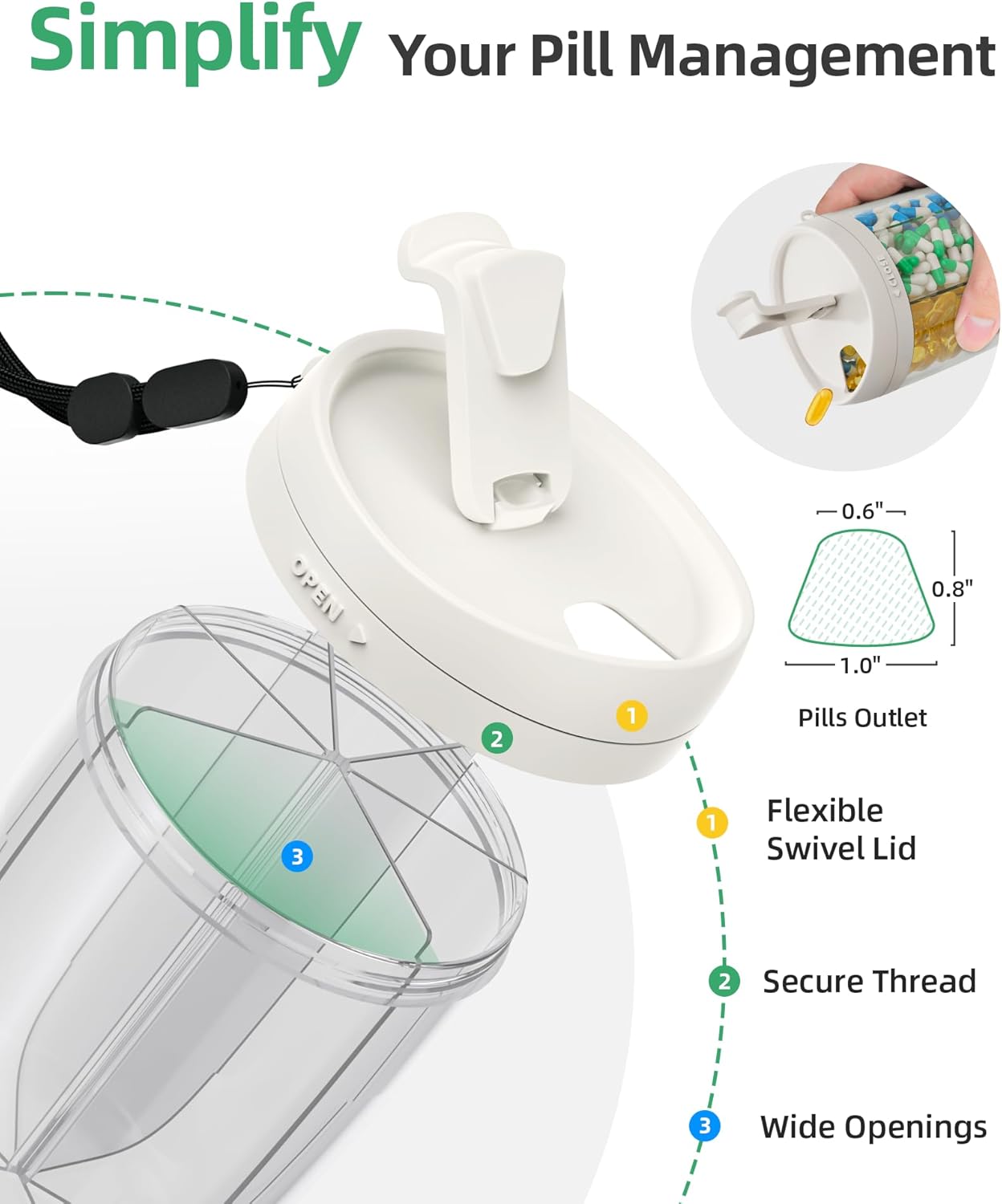 PULIV Large Supplement Organizer Bottle, Holds Plenty of 6 Various Vitamins in 1 Pill Dispenser with Anti-Mixing & Wide Openings Design, Easy to Retrieve Meds, Includes 20 Pcs Stick-on Labels White