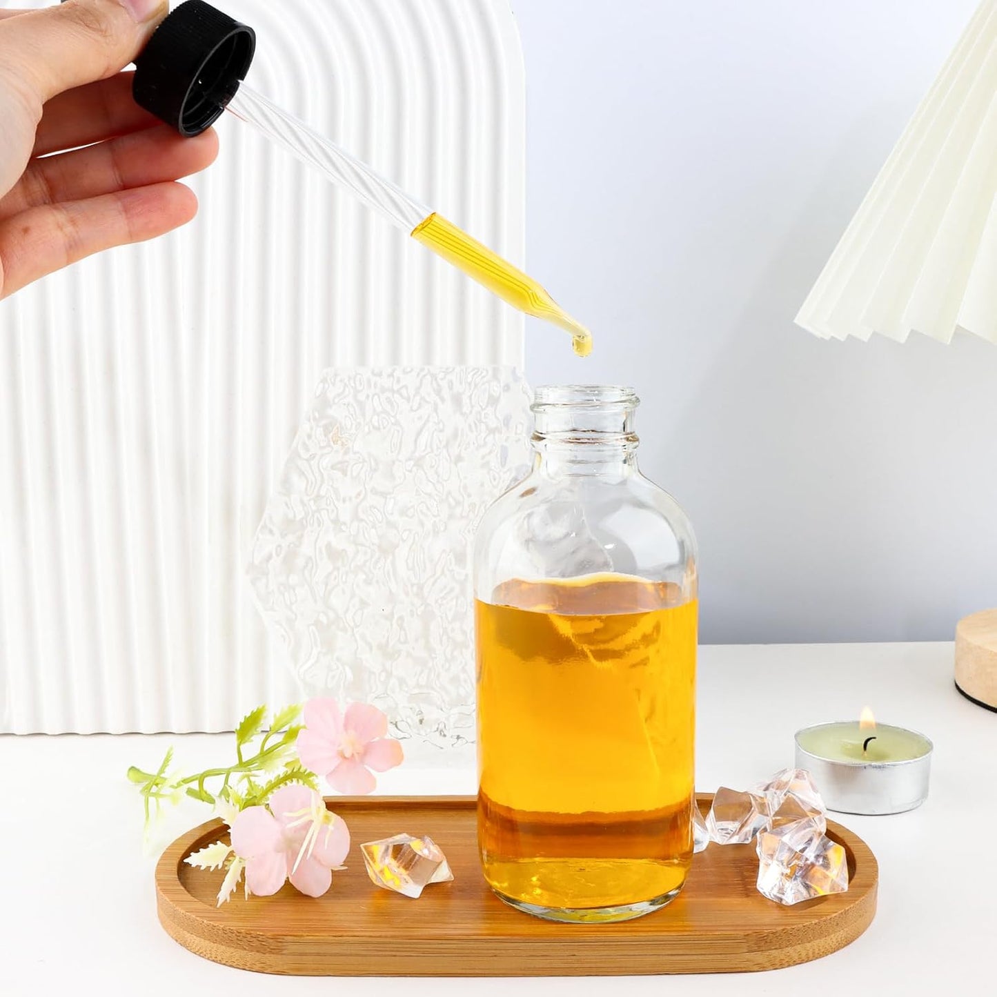 42 Pack 4oz Clear Glass Bottles with Glass Eye Droppers for Essential Oils, Perfumes & Lab Chemicals (Brush, Funnels, 3 Extra Droppers, 48 Pieces Labels & 30ml Measuring Cup Included)