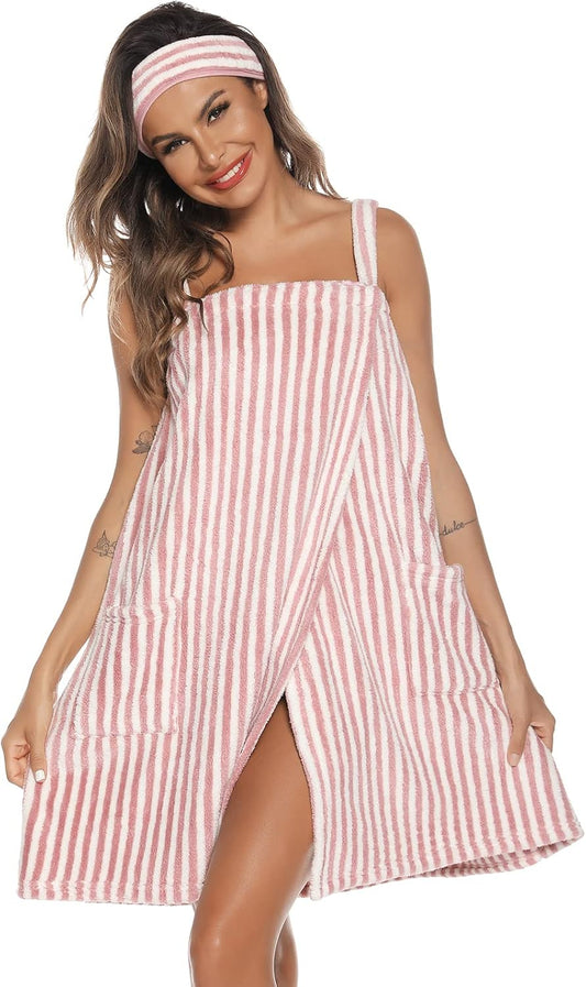 Veseacky Women Bath Wrap Towel for Womens Shower with Pocket Adjustable Spa Robe & Facial Headband