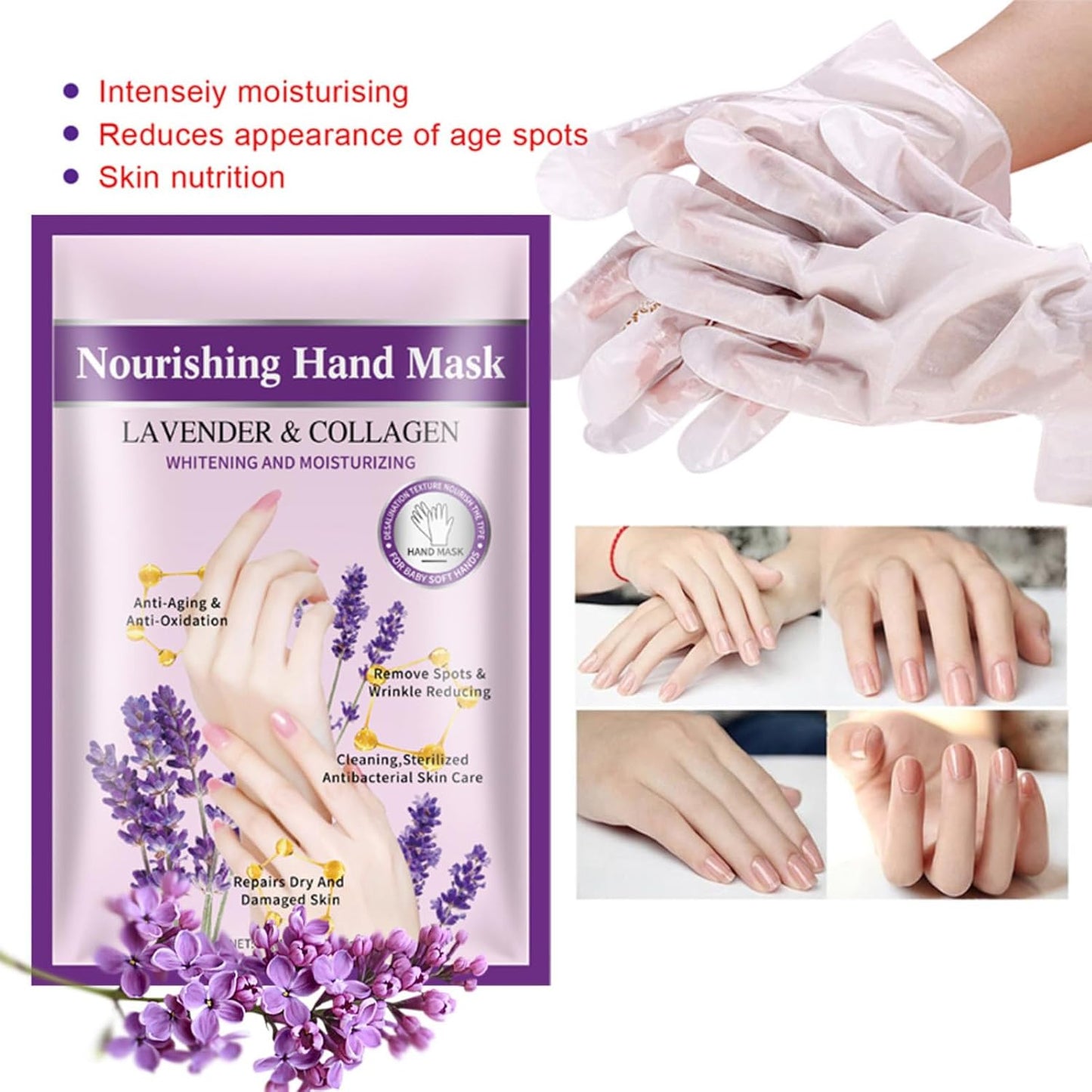 VolksRose Moisturizing Hand Mask Gloves for Dry Cracked Hands, Overnight Repair Treatment - Intensive Hydration Hand Masks with Lavender, 5 Pairs - Spa Care for Extremely Dry, Rough Skin