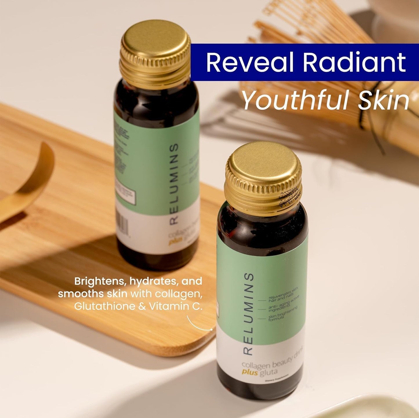 Relumins Advanced Collagen Beauty Drink with Glutathione, Hyaluronic Acid & Antioxidants - Post-Summer Skin Recovery & Made in USA - Apple Flavor - 10 Bottles x 50mL