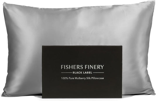 Fishers Finery 30mm 100% Pure Mulberry Silk Pillowcase, Quality Tested (Silver, Standard)