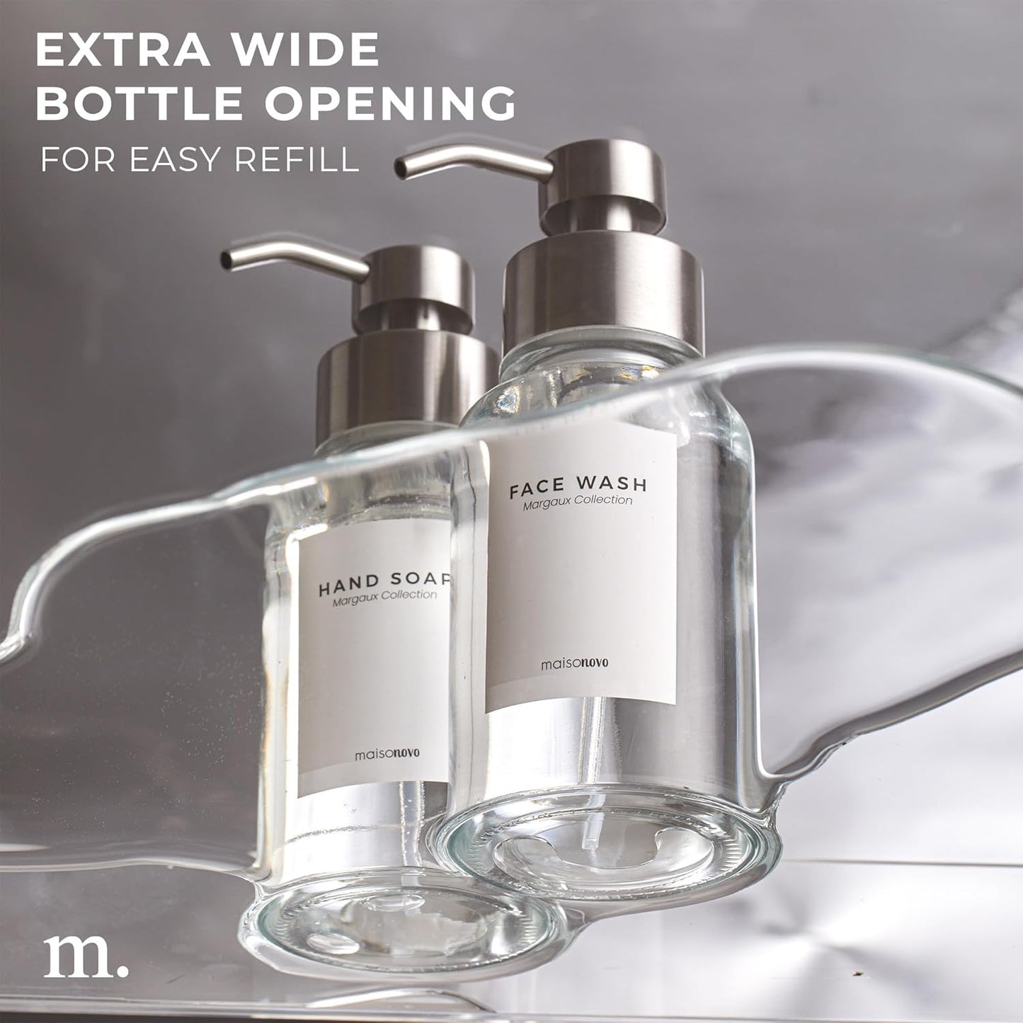 MaisoNovo Glass Foaming Soap Dispenser 14 Oz | Clear Glass Silver Pumps x 2 with Tray