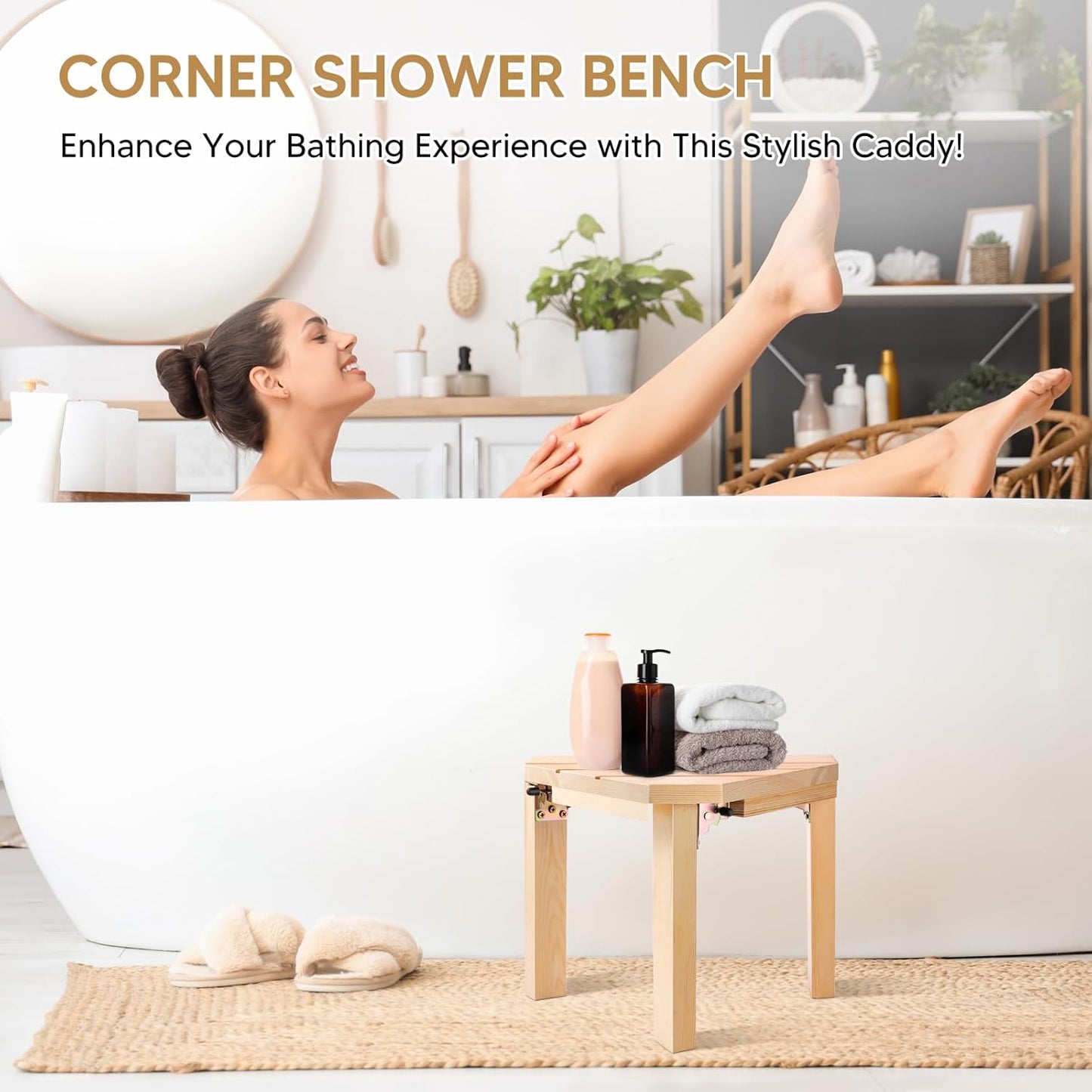 Shower Foot Rest, Wood Shower Stool for Shaving Legs, Corner Shower Stool Bathroom Shower Bench Waterproof Bath Bench Seat with Non-Slip Shower Stool for Inside Shower Bath Seat Spa Foot Rest