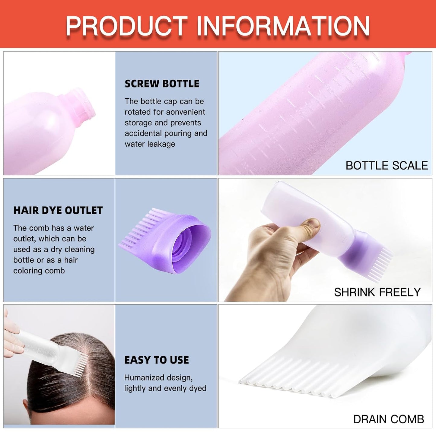 6 Ounce Root Comb Applicator Bottle, 2 Pack, Pink - Hair Oil Applicator, Hair Dye Applicator, Travel, School