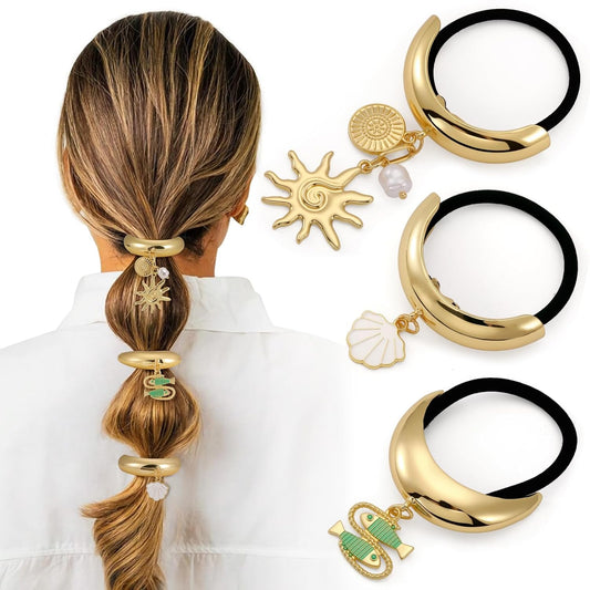 3PCS Gold Hair Ties, Metal Hair Ties for Thick Hair, Elegant Durable Geometric Design, Gold Hair Accessories with Charm Stretchy and Non-Damage Ponytail Cuff Holders, 3 Styles in Box Holiday Gifts