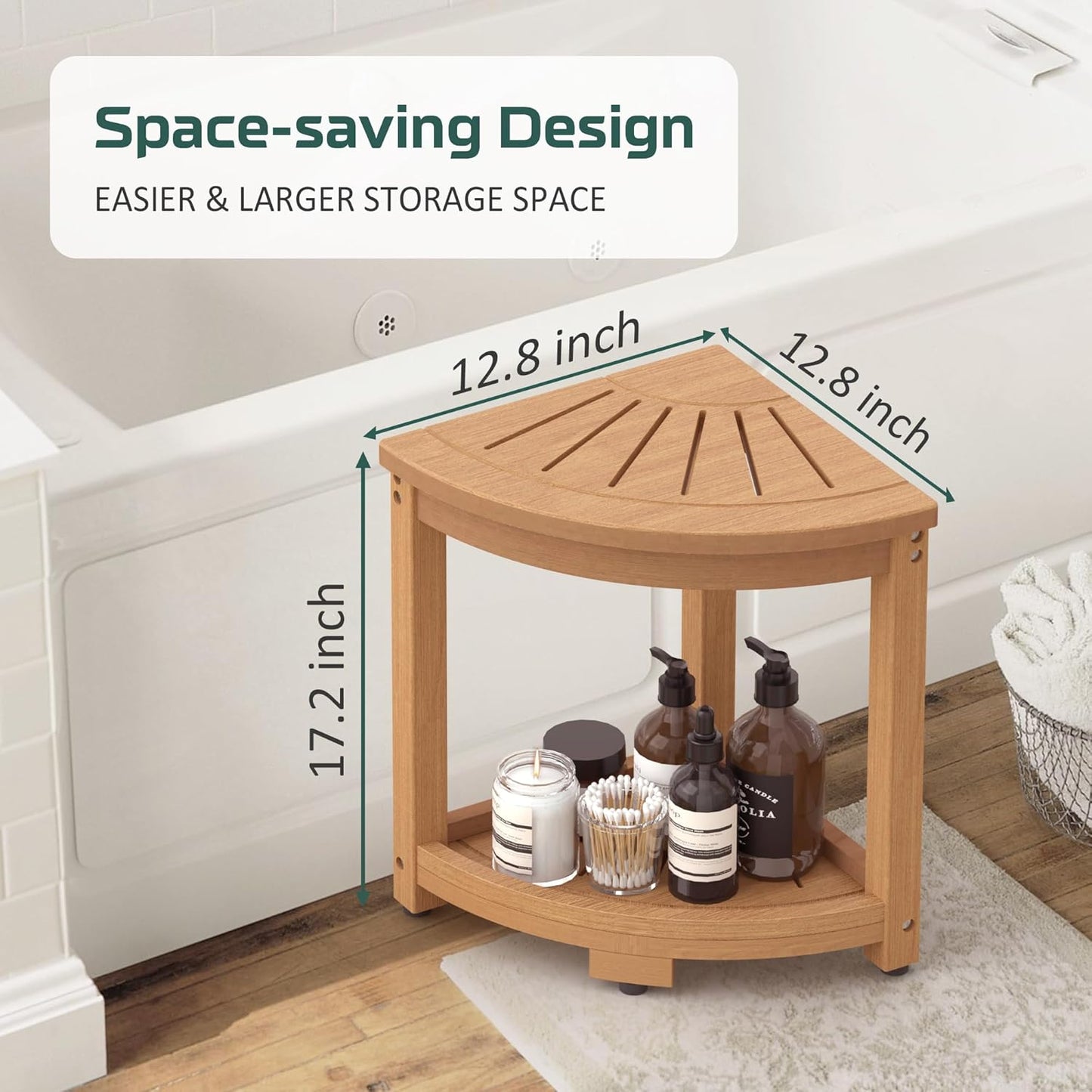 Corner Shower Stool for Inside Shower, HIPS Waterproof Shower Bench Seat Chair, Plastic Bath Shower Stool for Shaving Legs Foot Rest with Storage Shelf, Adjustable & Non-Slip Feet, Teak Brown