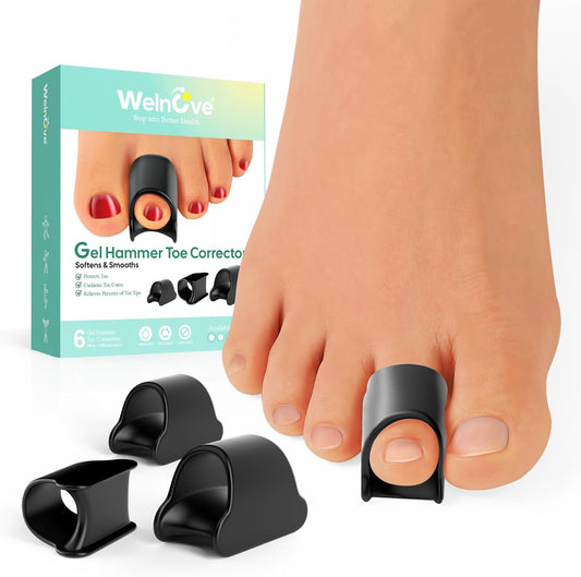 Welnove Hammertoe Corrector - 6 Pack Toe Splints - Soft Gel Toe Straighteners - Realign Bent, Curled, Crooked, Claw, Hammer Toes for Men and Women, 3 Different Sizes (Black)