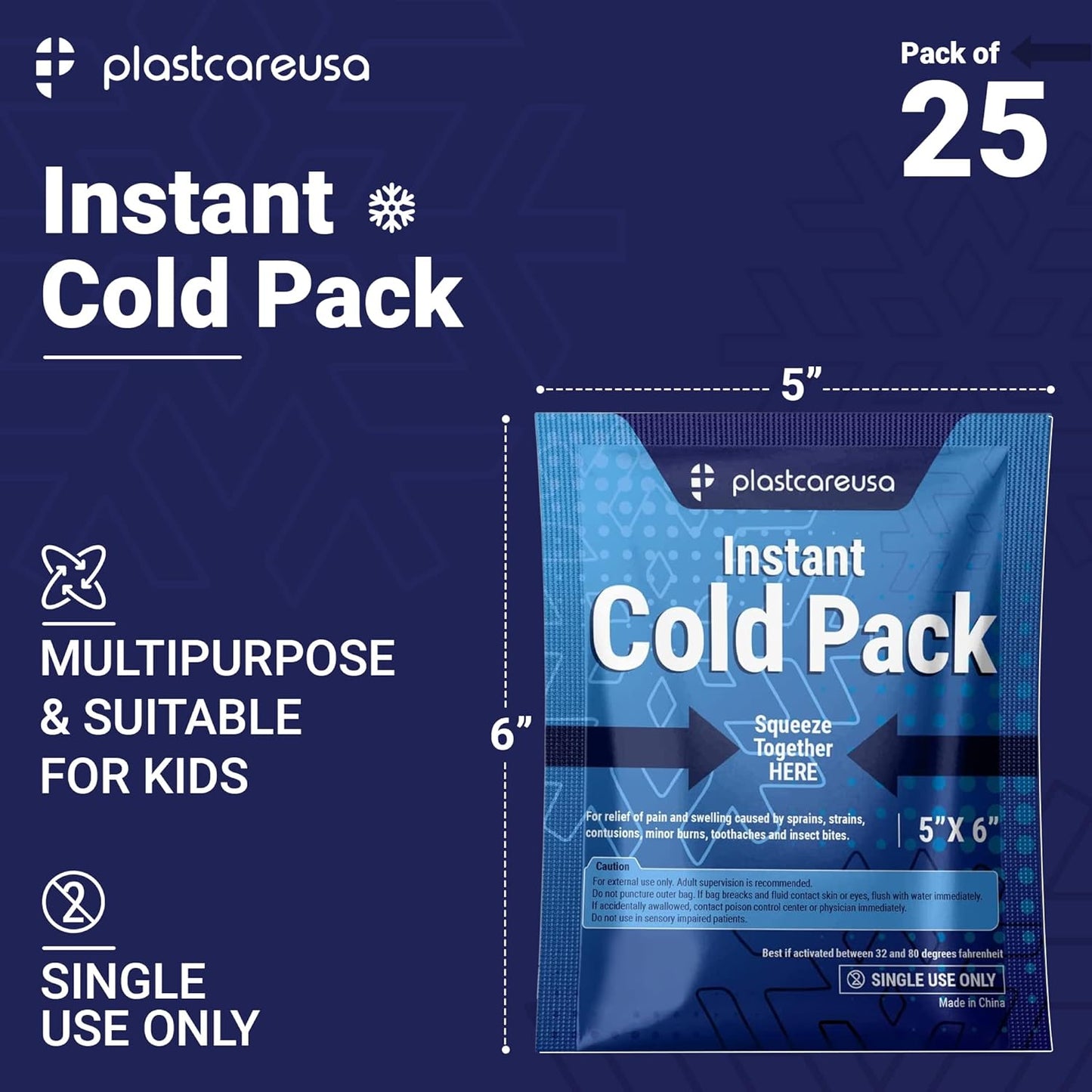 25 Pack 5" x 6" Disposable Ice Packs for Injuries, Swelling, Muscle & Joint Aches, Sprains & Abrasions - Easy to Use Disposable Cold Compress for Pain Relief - PlastCare USA Instant Cold Packs