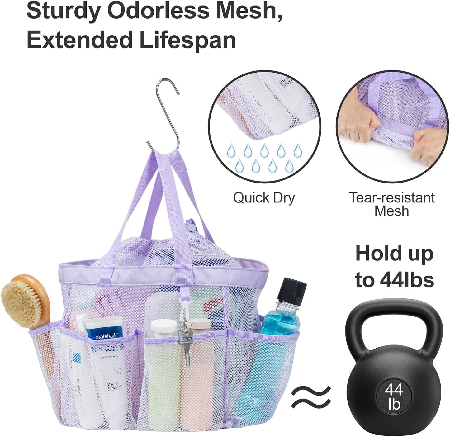 F-color Mesh Shower Caddy Portable with Drawstring - Upgrade Deeper 7 Pockets Dorm Room Essentials for Guys Girls with S Hook, Shower Bag Basket Tote for College Camping Bathroom, 2 Pack Purple & Pink