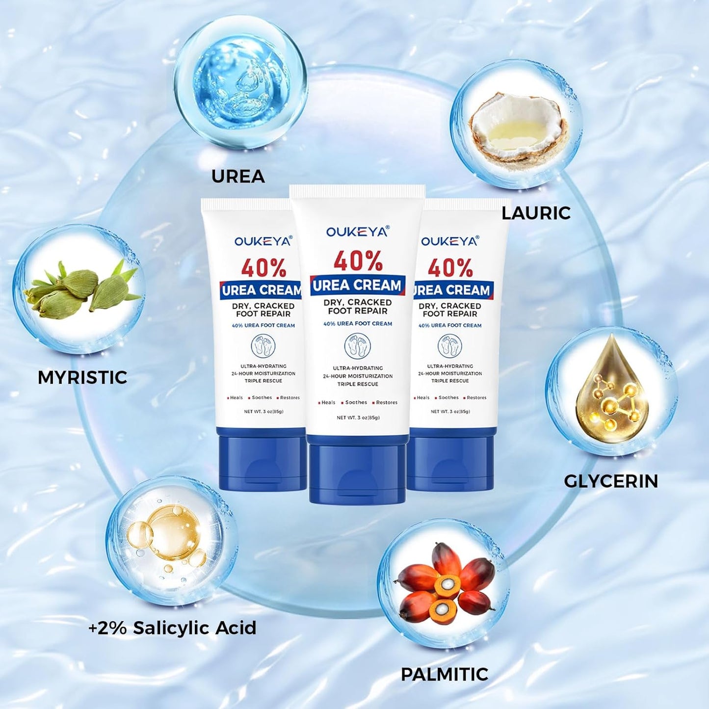 OUKEYA Urea Cream 40 Percent Tube 3 Oz, Urea Foot & Hand Cream for Dry Cracked, 40 per Urea Lotion for Feet Maximum Strength 3 Ounce(Pack of 3)